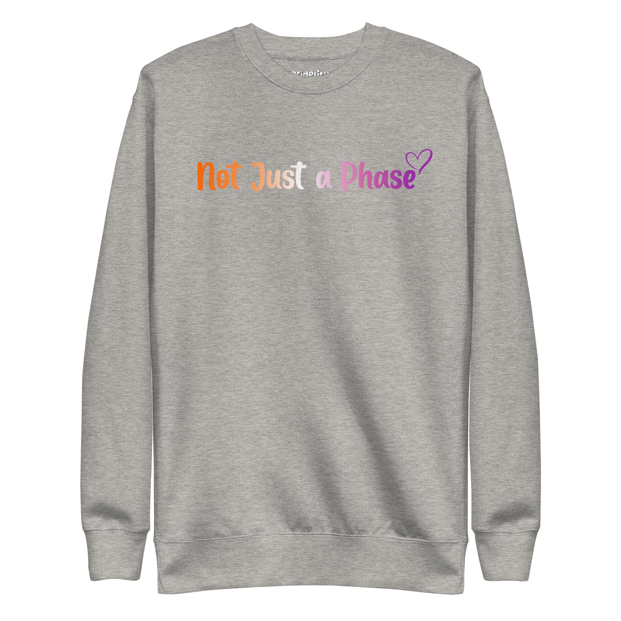 The black Not Just A Phase Sweatshirt by Pridelity, featuring rainbow text that reads 