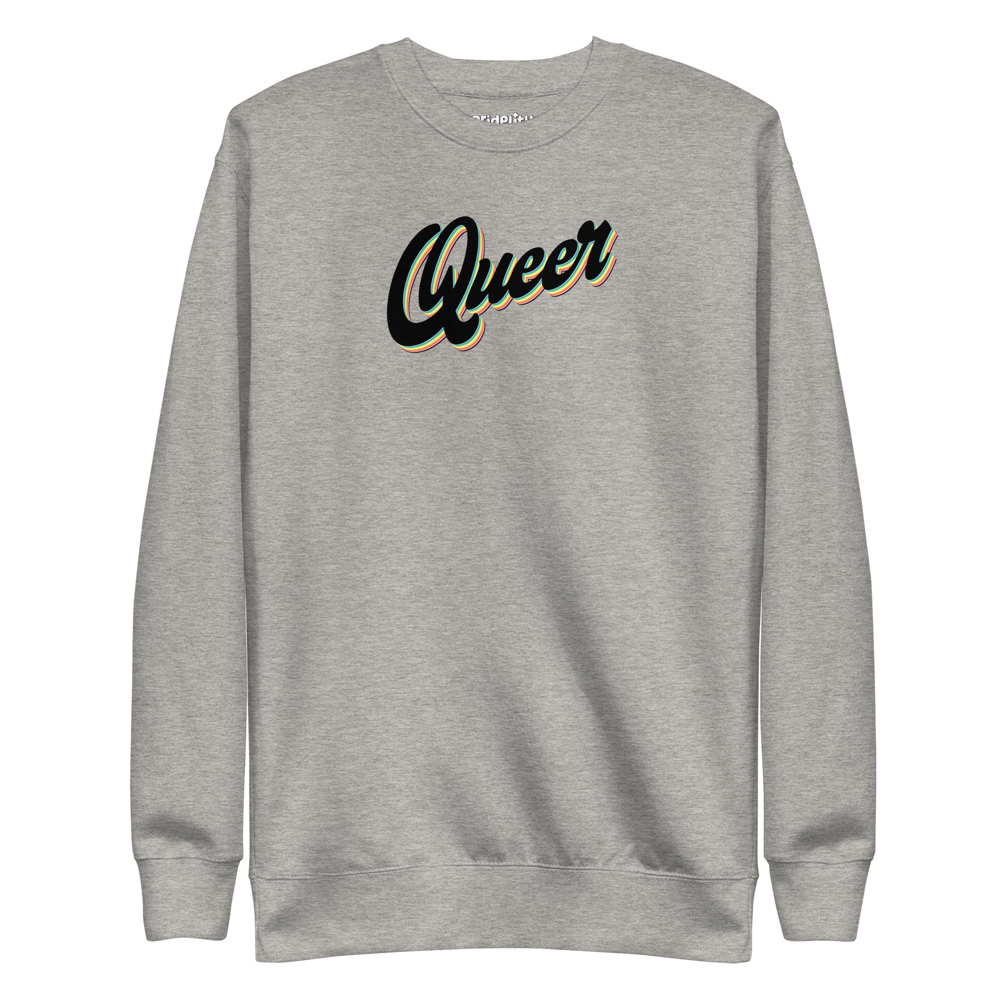 The Carbon Grey Queer Sweatshirt from Pridelity's pride collection showcases the word 