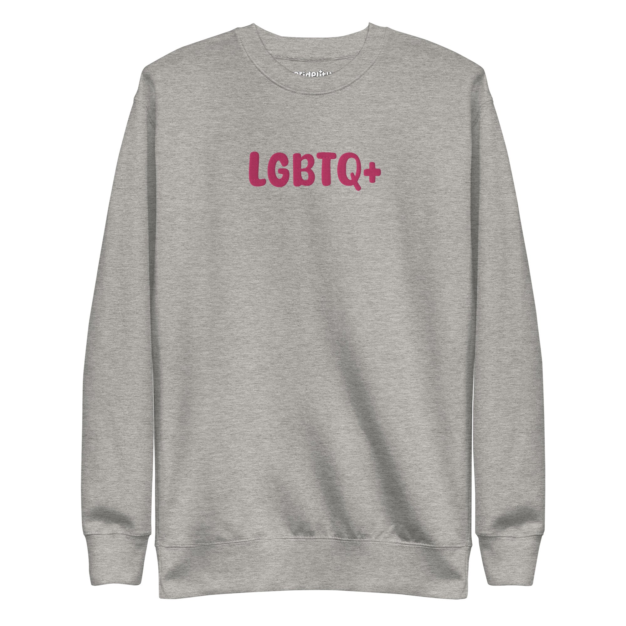 A Pridelity LGBTQ+ Sweatshirt in white, adorned with bold pink 