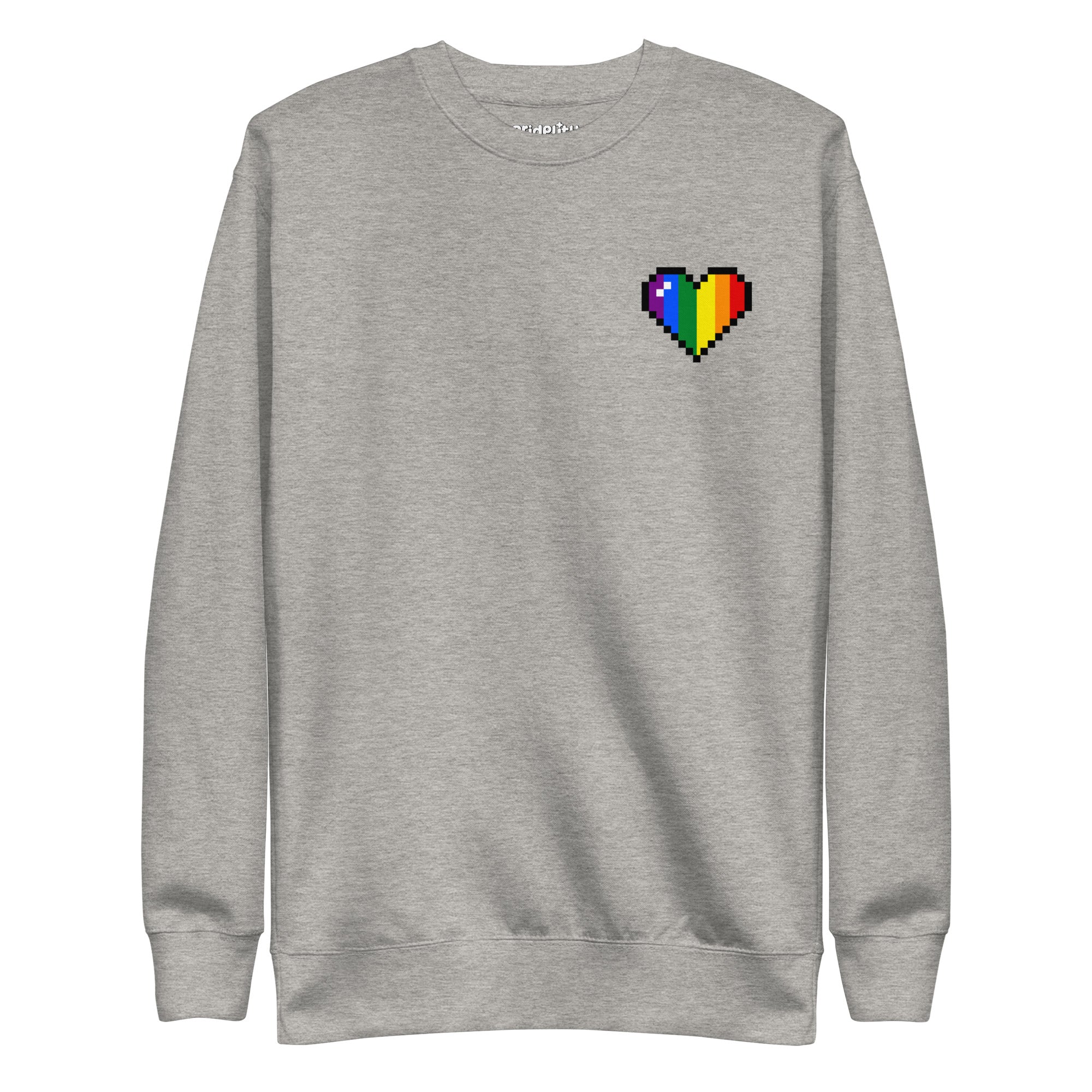 Check out the Pixel Heart Sweatshirt by Pridelity, a standout piece from our pride collection, decorated with a pixelated heart in bold rainbow hues on the left chest.