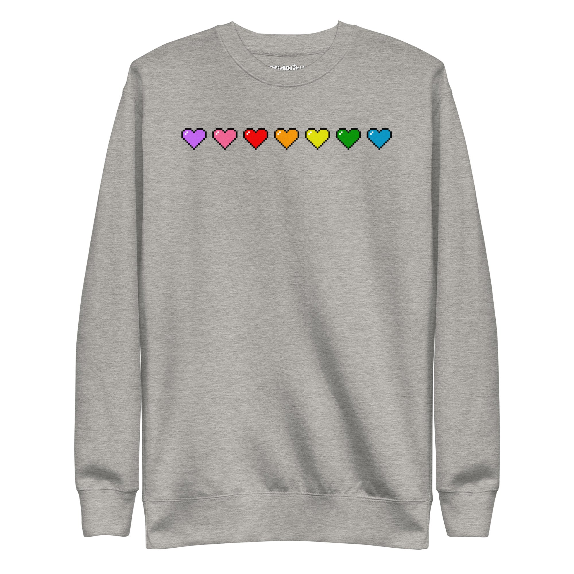 The Pixel Hearts Sweatshirt by Pridelity showcases a series of eight pixelated hearts in lively pride hues—purple, pink, red, orange, yellow, green, blue, and teal—across the chest on a carbon grey backdrop.