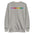 The Pixel Hearts Sweatshirt by Pridelity showcases a series of eight pixelated hearts in lively pride hues—purple, pink, red, orange, yellow, green, blue, and teal—across the chest on a carbon grey backdrop.