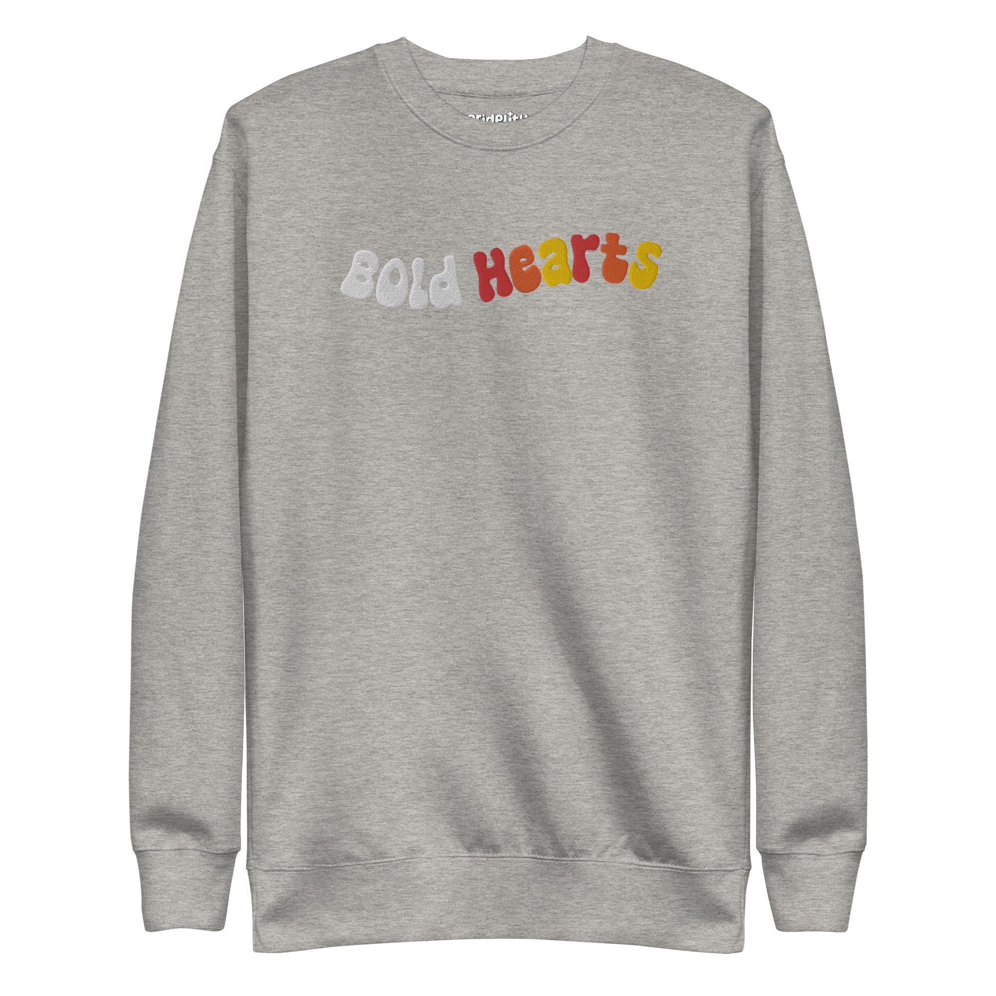 A black Bold Hearts Sweatshirt by Pridelity, featuring colorful, playful letters across the chest, is perfect for celebrating Pride with style.