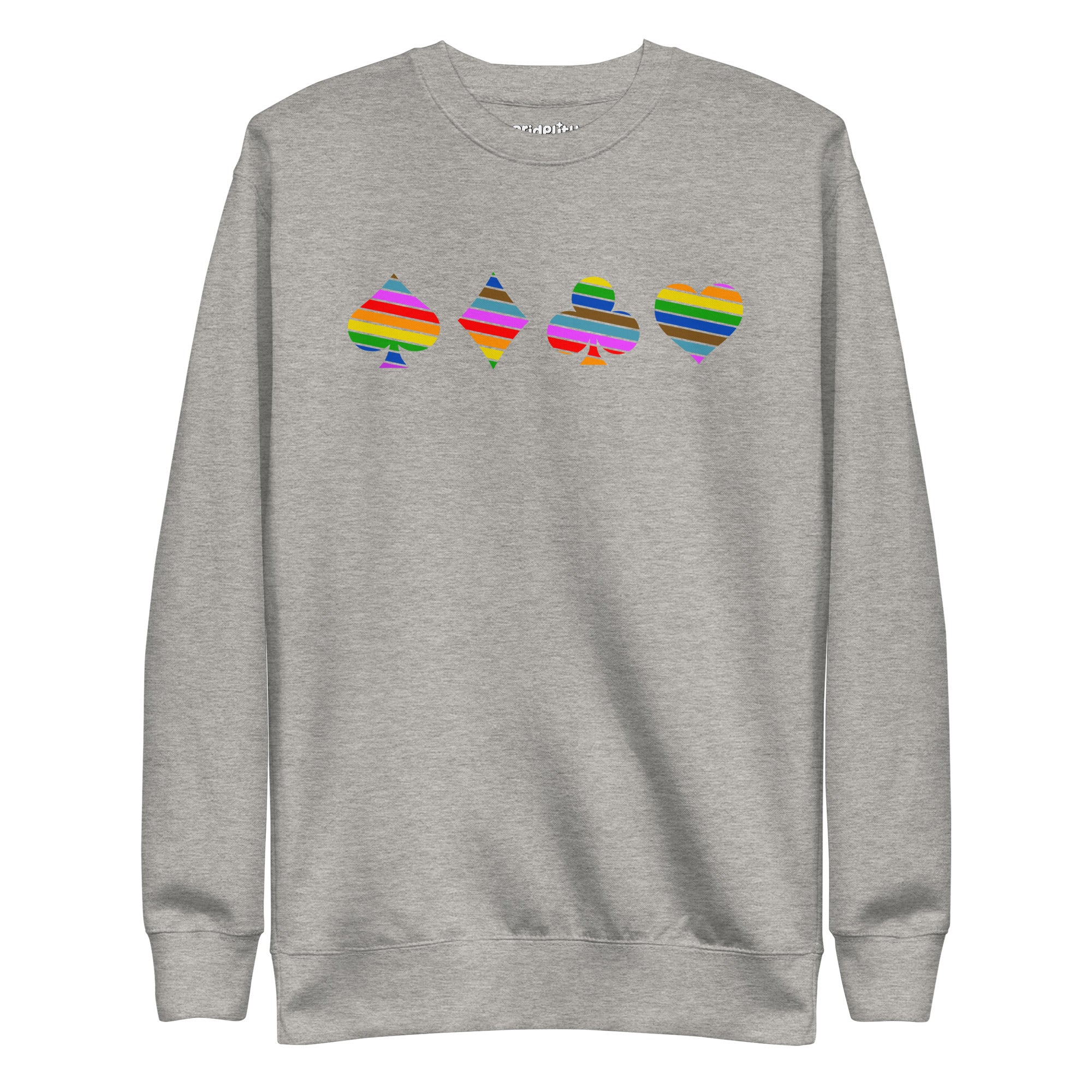 The white Deck Of Pride Sweatshirt by Pridelity showcases vibrant, rainbow-colored playing card suit symbols—spade, diamond, club, and heart—across the chest. This lively piece is a perfect addition to any Pride Collection, celebrating love and diversity with each wear.