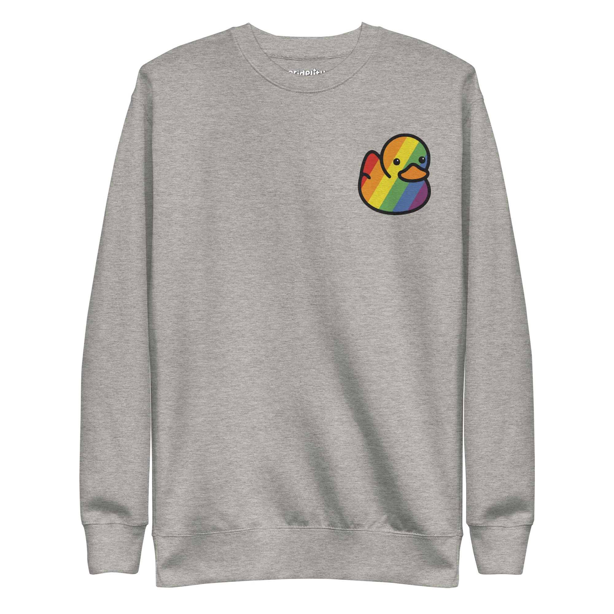 The Pride Duck Sweatshirt by Pridelity is a black sweatshirt with a small, colorful, rainbow-striped duck illustration on the upper left chest, perfect for adding a subtle touch to your pride outfit.