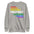 The Pridelity Protest Sweatshirt from the pride collection is a black sweatshirt that showcases "PROTEST" in a vibrant descending stack of colors: red, orange, yellow, white, green, and blue. Each instance of the word is mirrored upside down below it, making for a striking pride outfit.