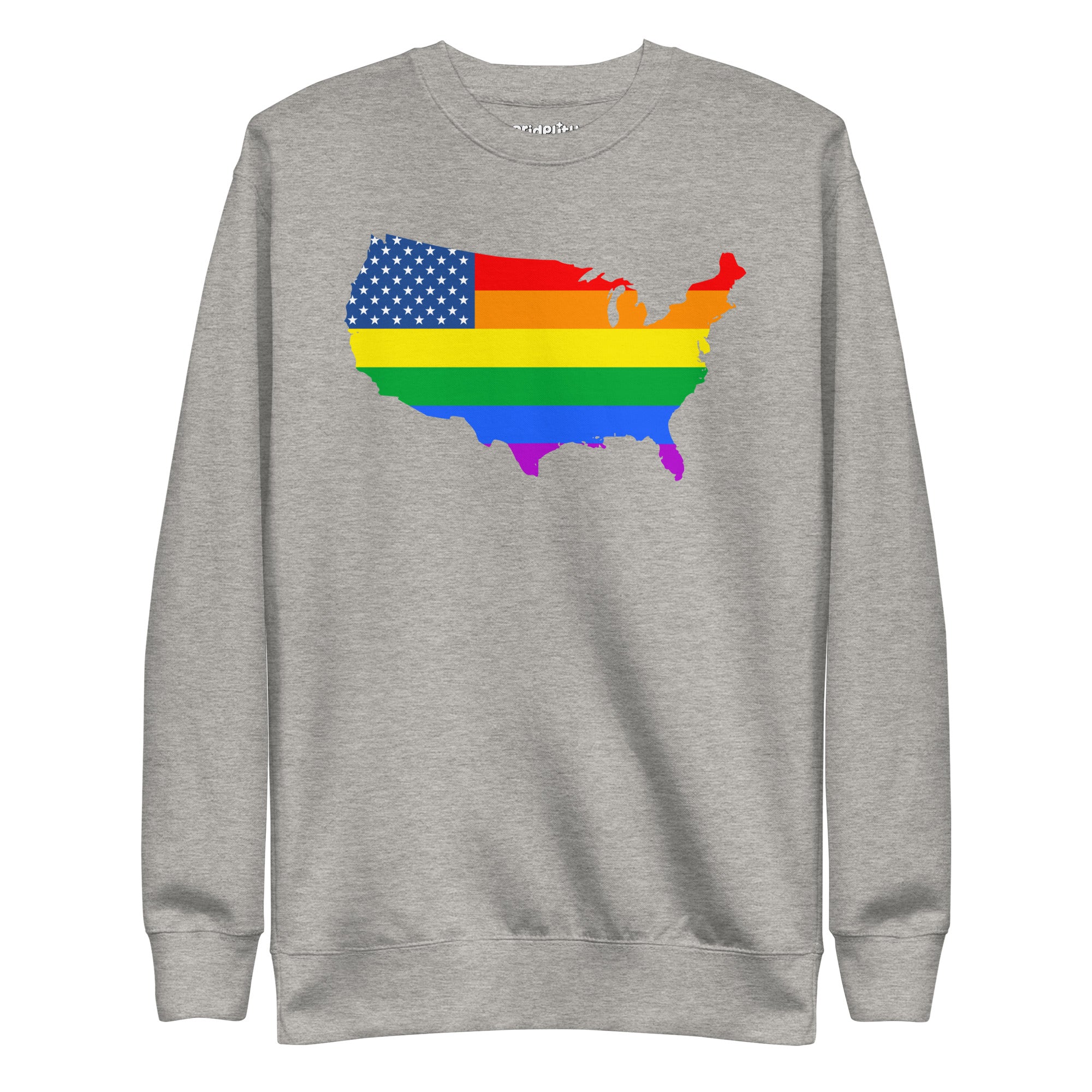 Introducing the US Map Pride Sweatshirt from Pridelity: a stylish black sweatshirt featuring a vibrant rainbow flag design overlaid on a graphic of the United States map. The top left corner highlights blue and white stars, reminiscent of the American flag, making it an ideal choice for anyone seeking fashionable pride apparel.