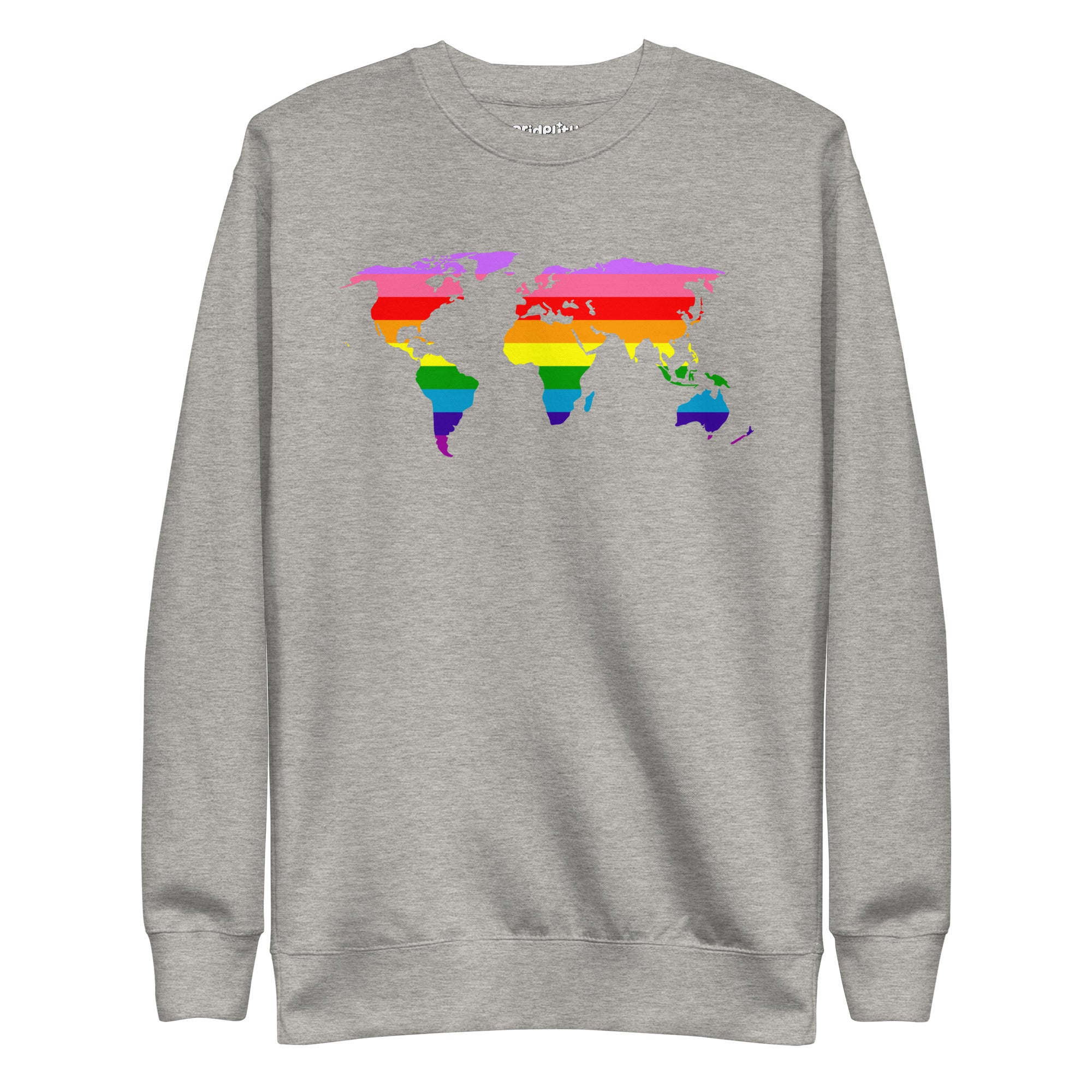 Introducing the World Pride Sweatshirt from Pridelity—a black sweatshirt that showcases a striking world map design in rainbow colors across the chest, celebrating LGBTQ+ pride.