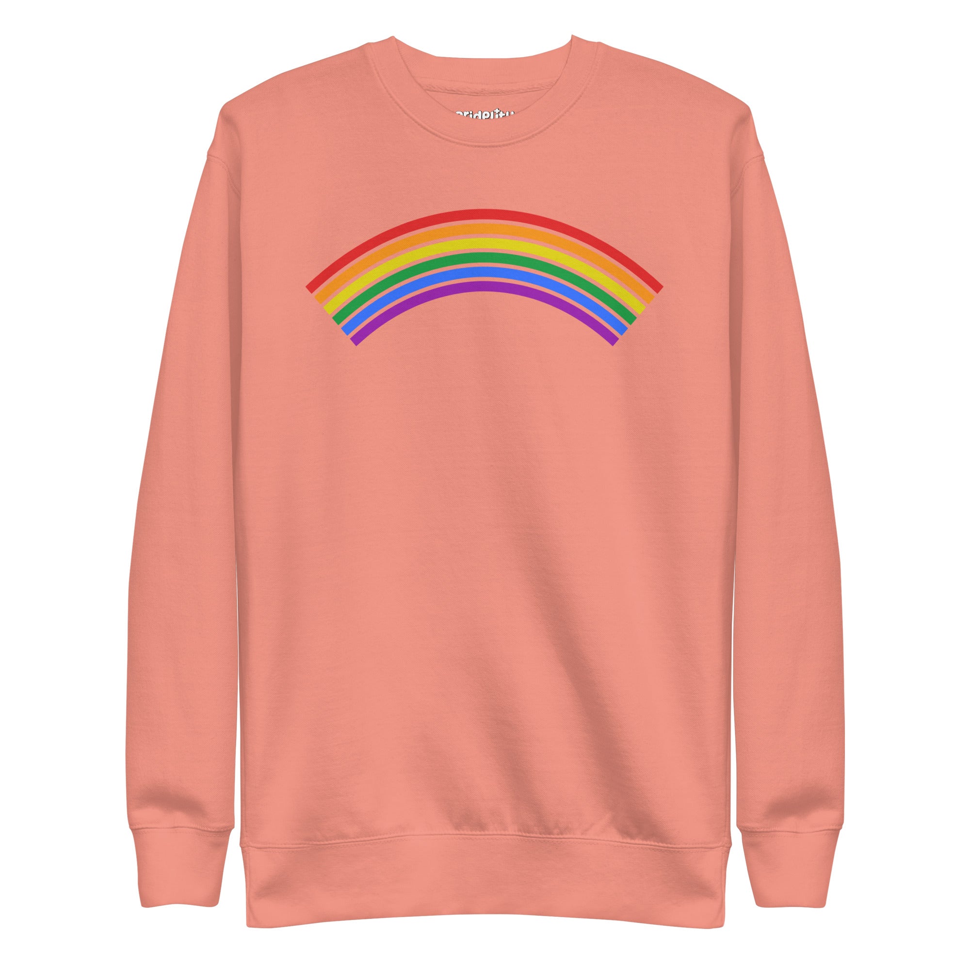 Black Rainbow Sweatshirt by Pridelity from the pride collection, showcasing a vibrant rainbow graphic on the front with red, orange, yellow, green, blue, and purple stripes.