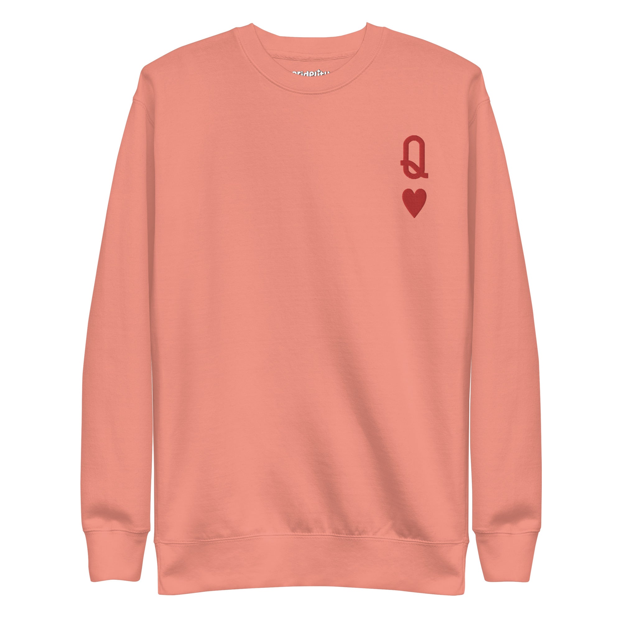 Introducing the Queen of Hearts Sweatshirt by Pridelity: This black sweatshirt is part of our pride collection and showcases a small red Queen of Hearts symbol on the upper left chest. The design, featuring a 