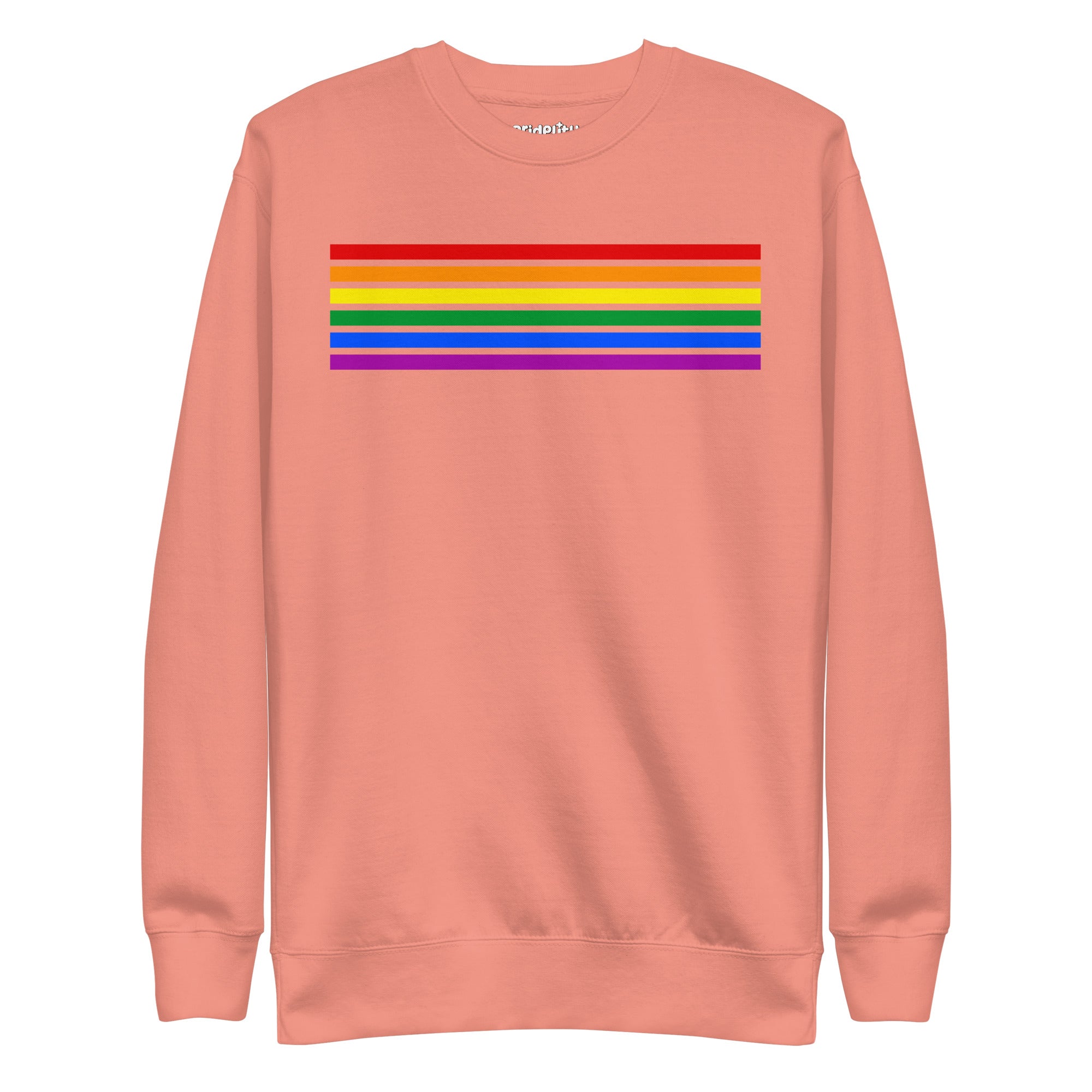 Carbon Grey Rainbow Stripes Sweatshirt by Pridelity, featuring vibrant horizontal stripes in red, orange, yellow, green, blue, and purple across the chest—a standout piece from our pride collection.