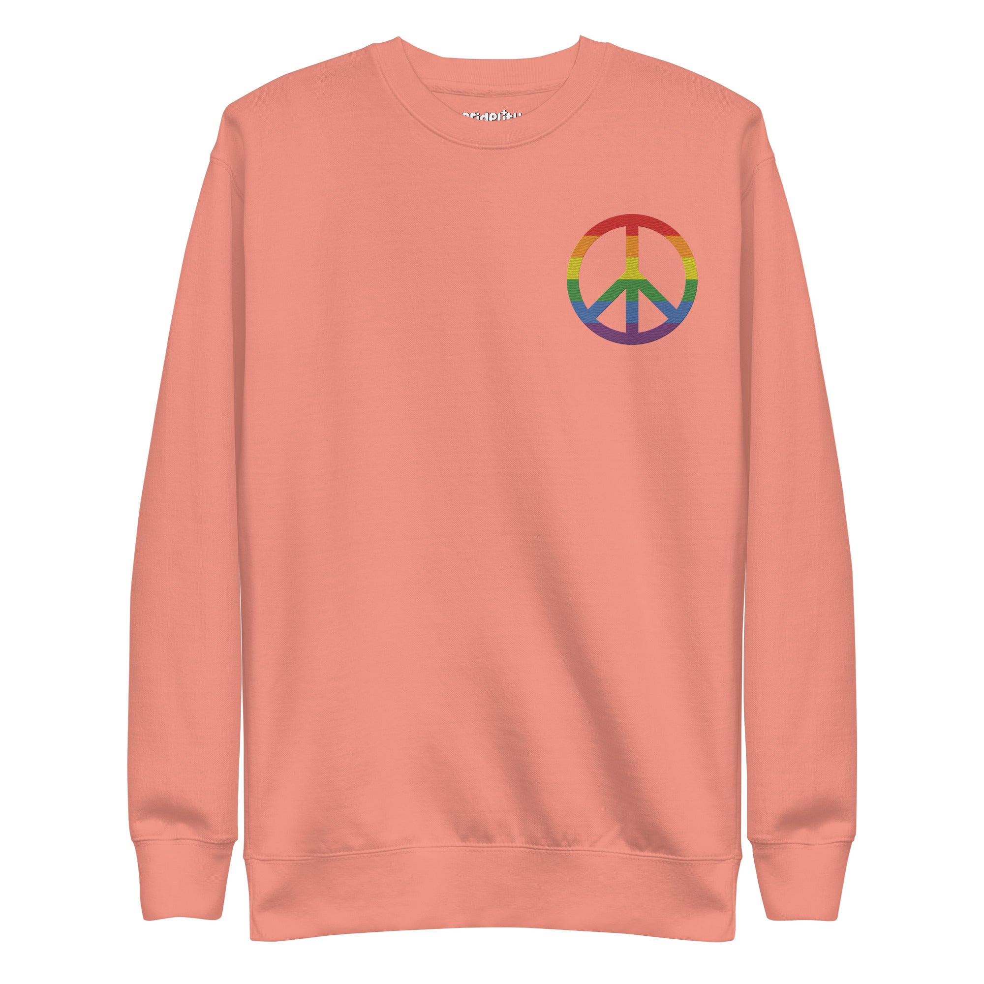 The Pridelity Peace Sweatshirt, a black piece from our pride collection, showcases a small, multicolored peace symbol on the upper left side. The rainbow colors embody diversity and peace. This essential pride garment is displayed flat against a white background.