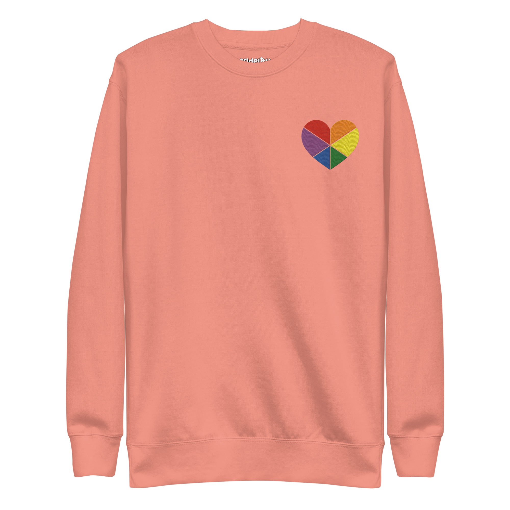 Introducing the Pride Heart Sweatshirt by Pridelity, a white sweatshirt from our pride collection. It showcases a small, multicolored heart graphic on the upper left chest. The heart is divided into sections with rainbow colors, making it an ideal staple for your pride outfit.