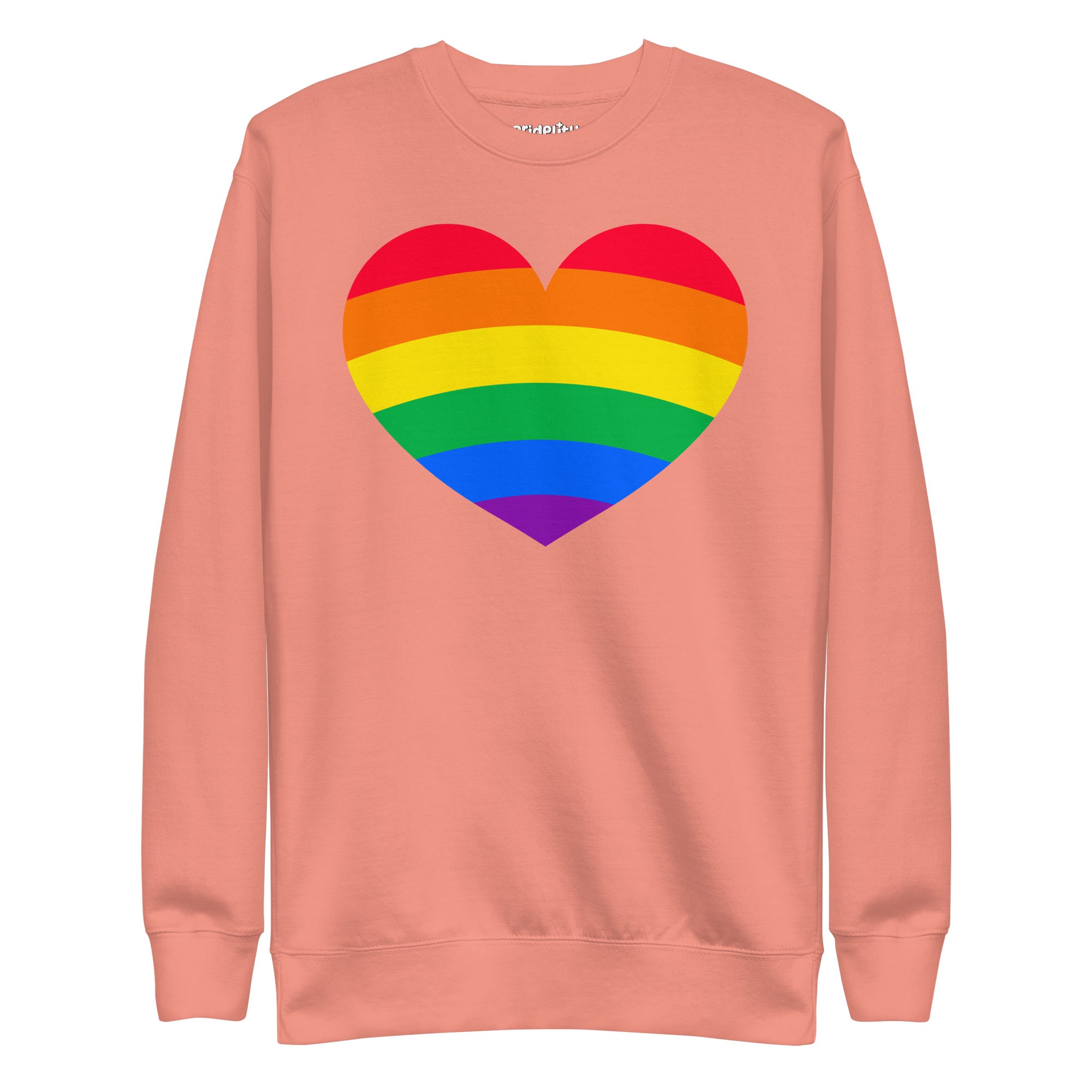 The Big Heart Sweatshirt by Pridelity from the Pride Collection showcases a large heart design with rainbow stripes, symbolizing LGBTQ+ pride. This vibrant heart design beautifully contrasts with the gray fabric background.