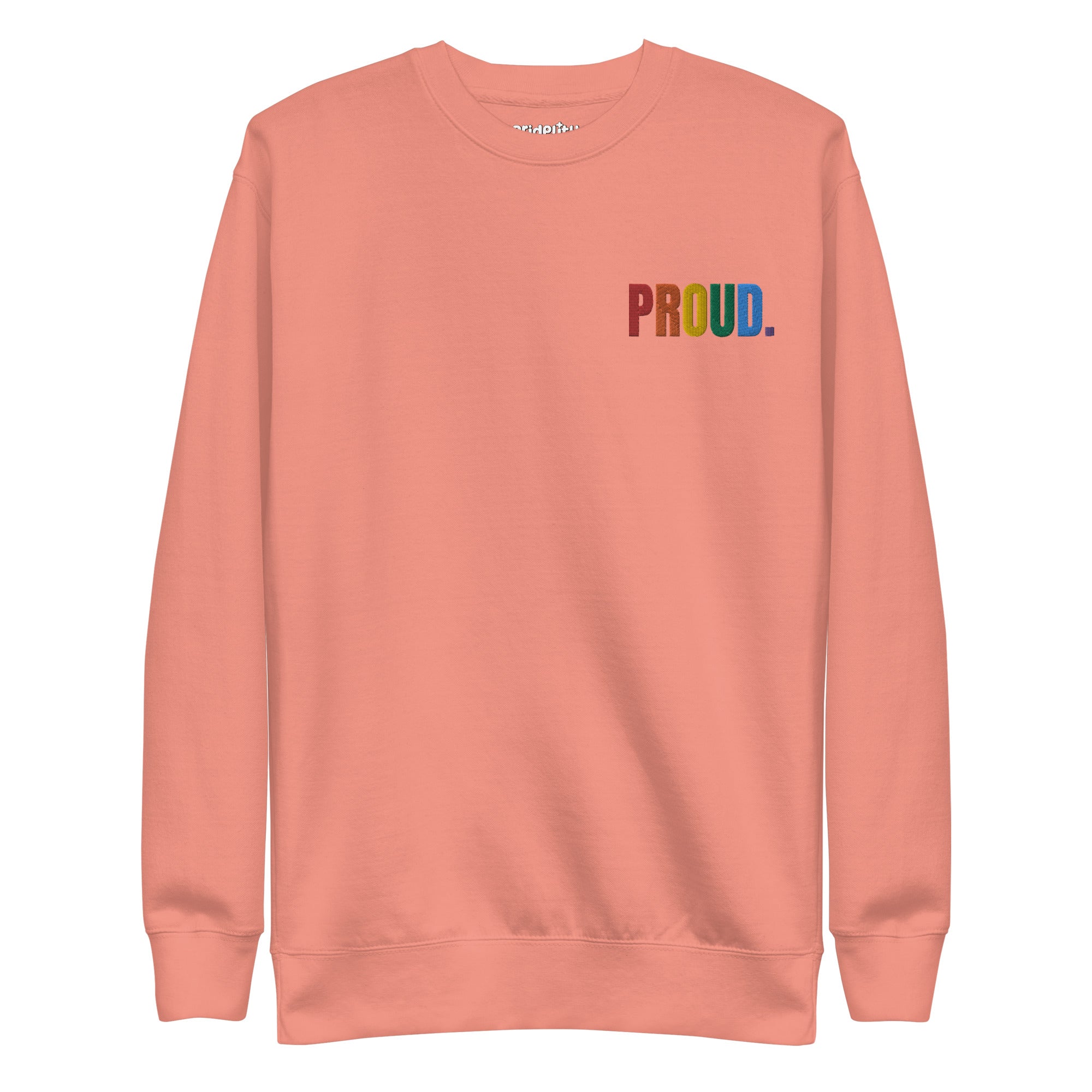 This carbon grey Proud Sweatshirt, part of our pride collection, showcases the word 