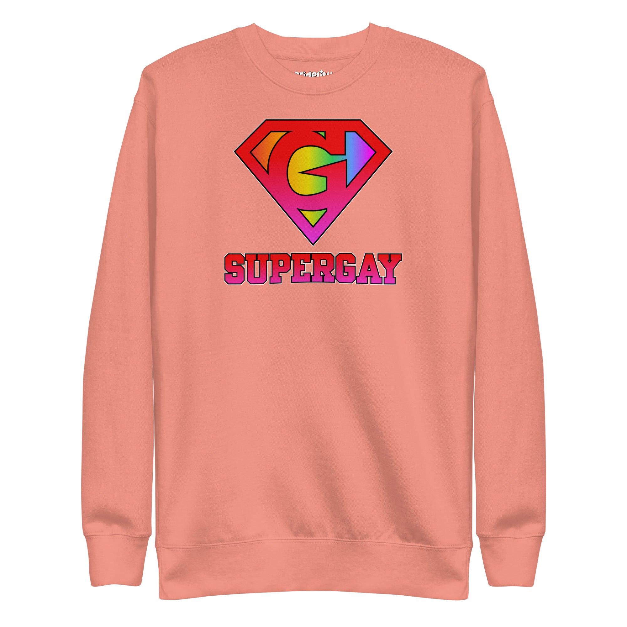 Introducing the Supergay Sweatshirt from Pridelity: a dusty rose sweatshirt featuring a stylized rainbow 