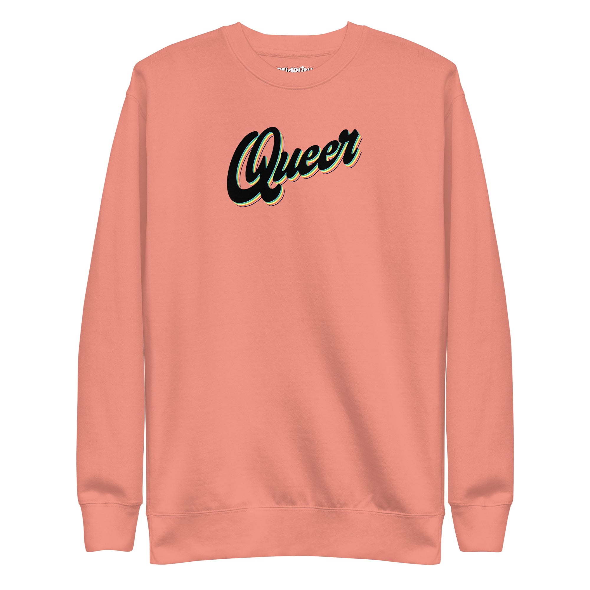 The Carbon Grey Queer Sweatshirt from Pridelity's pride collection showcases the word 