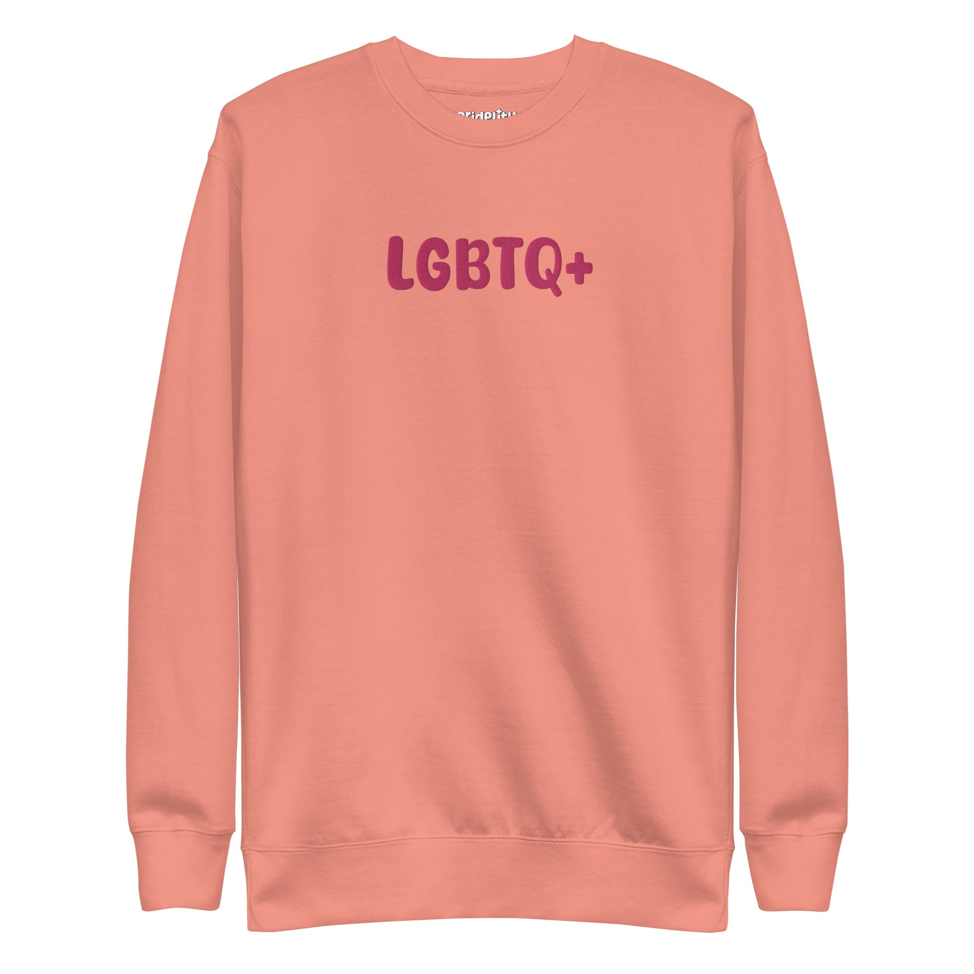 A Pridelity LGBTQ+ Sweatshirt in white, adorned with bold pink 