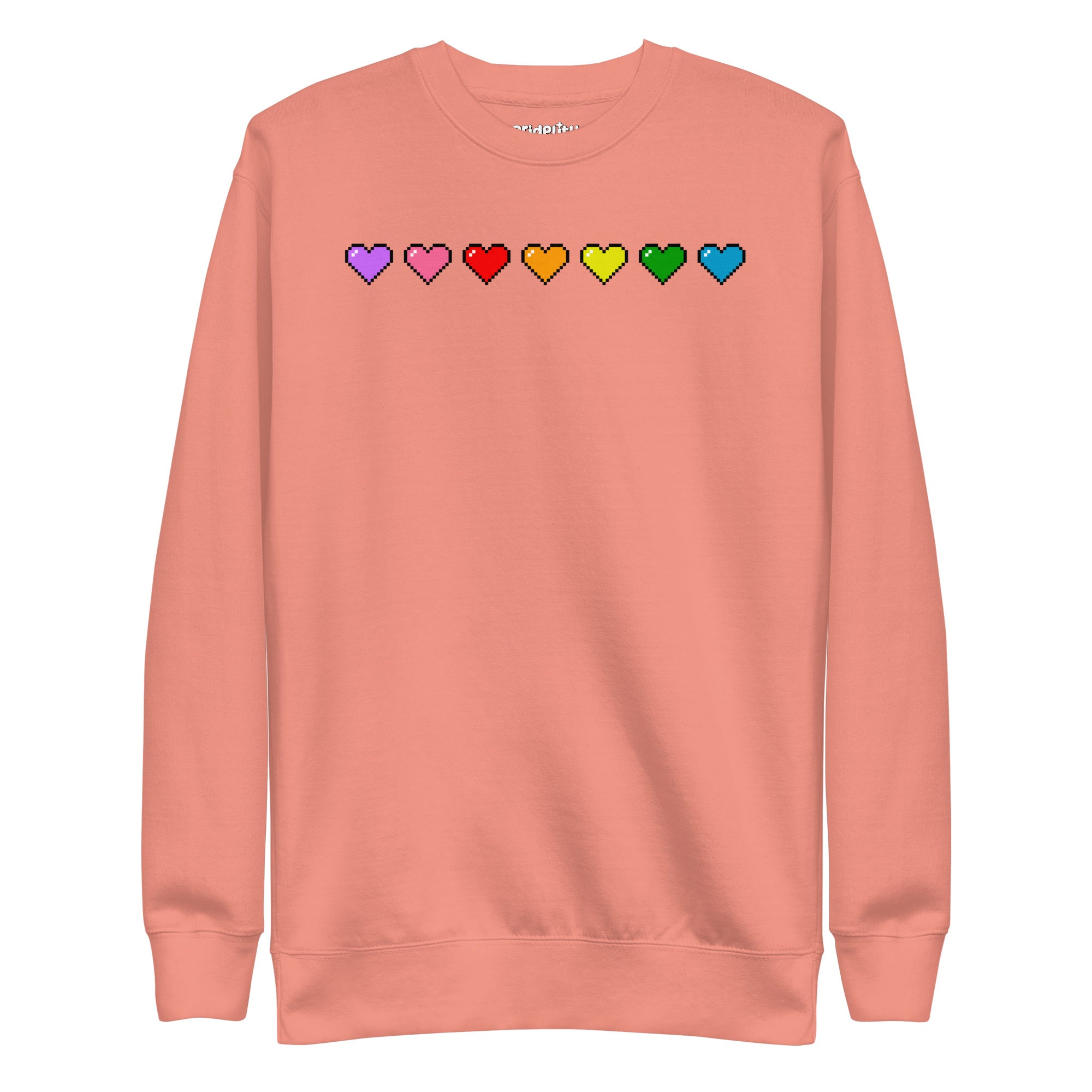 The Pixel Hearts Sweatshirt by Pridelity showcases a series of eight pixelated hearts in lively pride hues—purple, pink, red, orange, yellow, green, blue, and teal—across the chest on a carbon grey backdrop.