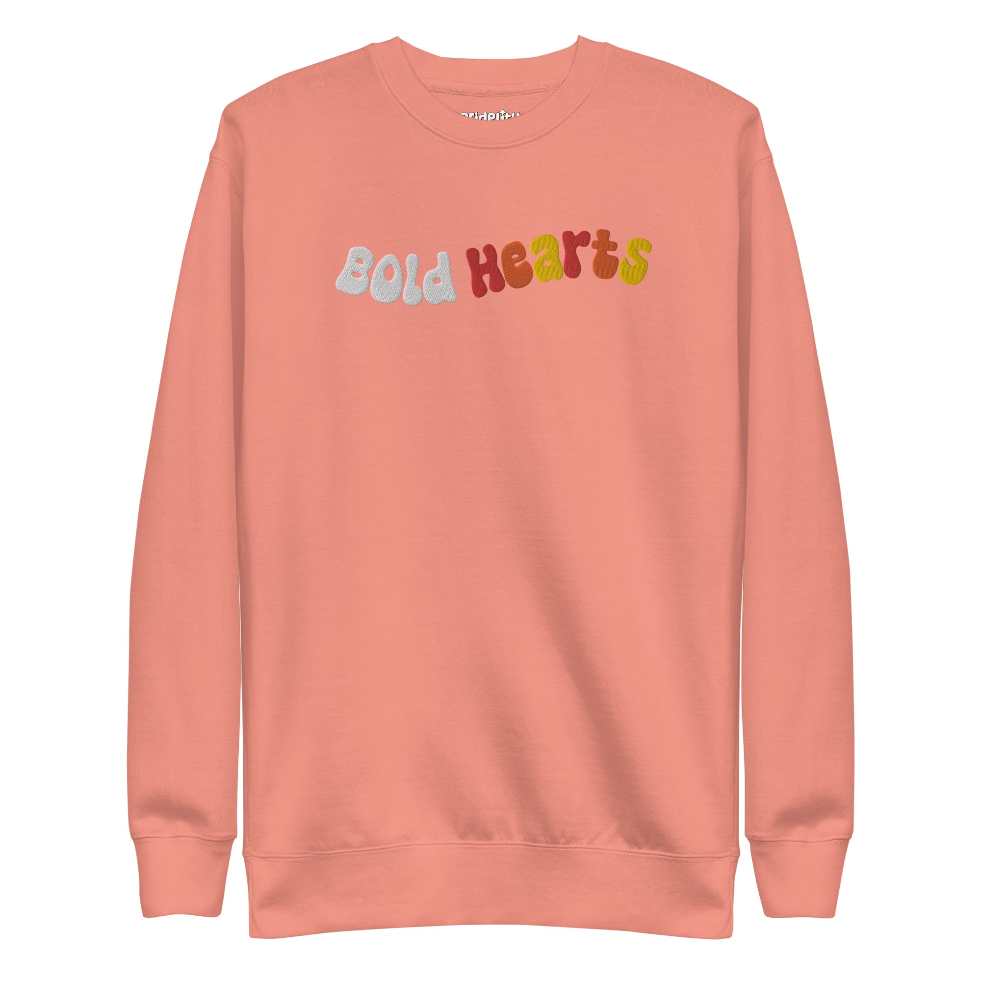 A black Bold Hearts Sweatshirt by Pridelity, featuring colorful, playful letters across the chest, is perfect for celebrating Pride with style.