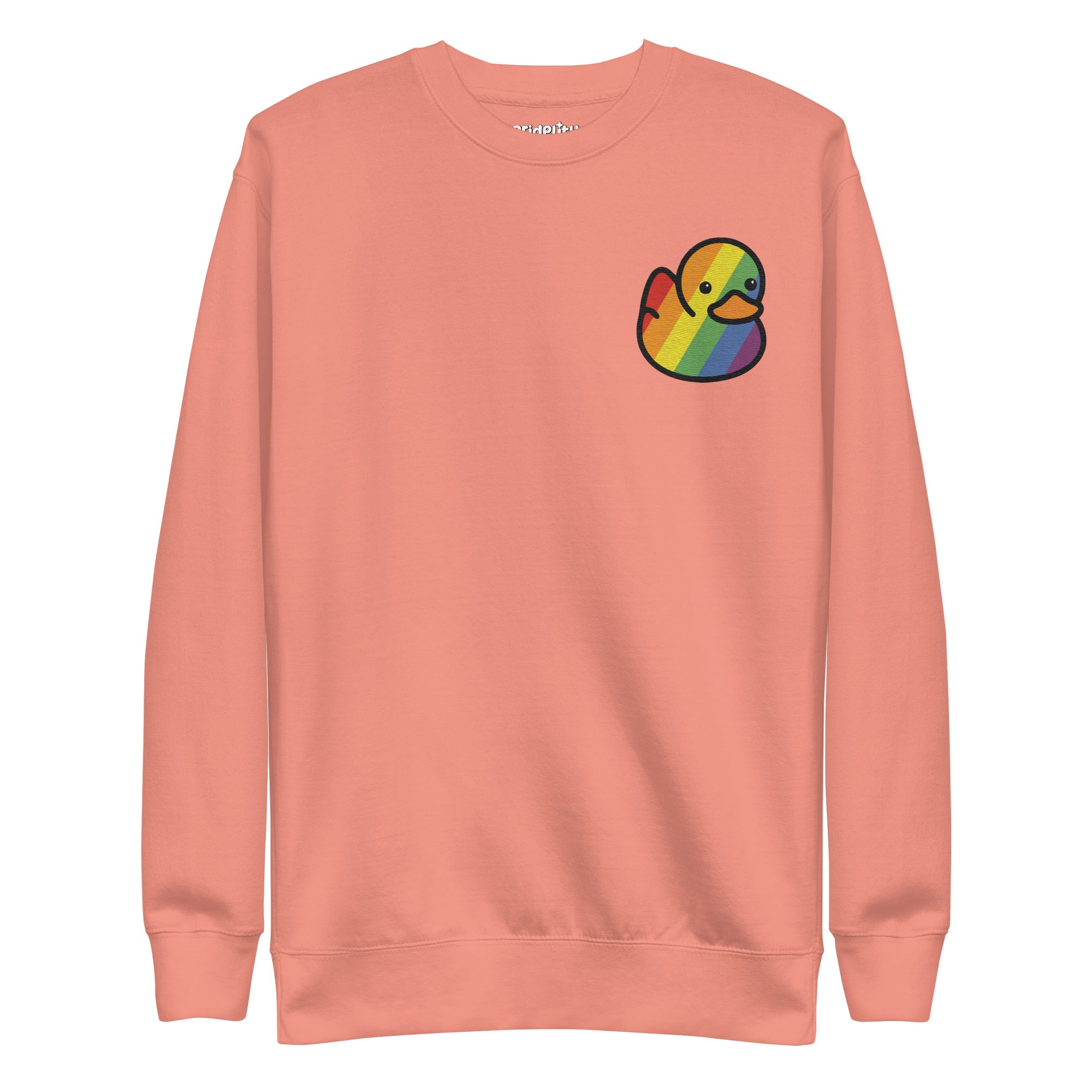 The Pride Duck Sweatshirt by Pridelity is a black sweatshirt with a small, colorful, rainbow-striped duck illustration on the upper left chest, perfect for adding a subtle touch to your pride outfit.