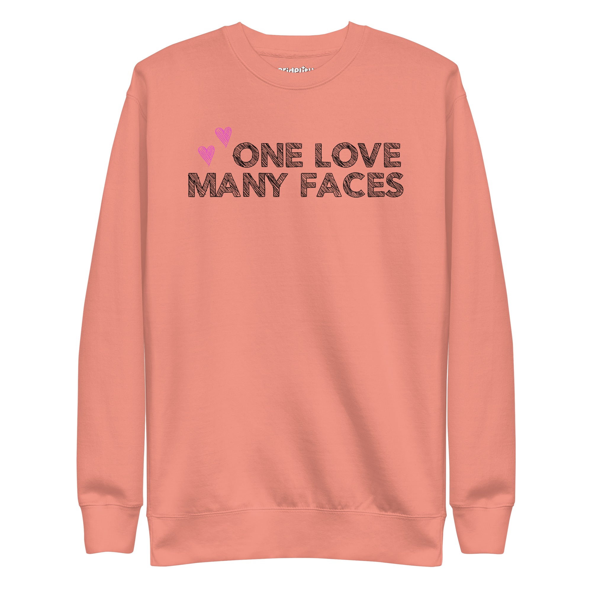 A carbon grey One Love Sweatshirt from Pridelity's pride collection features the text 