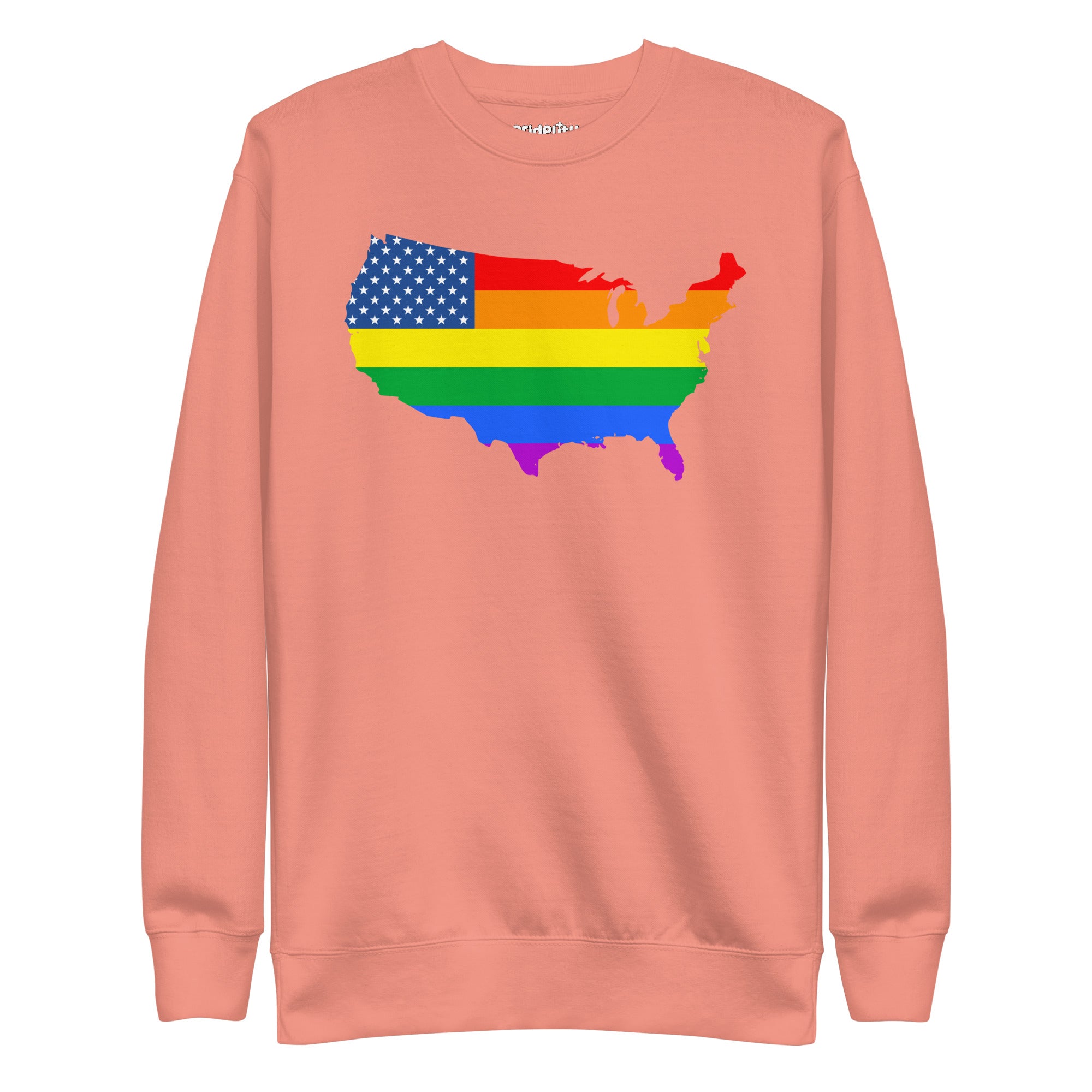 Introducing the US Map Pride Sweatshirt from Pridelity: a stylish black sweatshirt featuring a vibrant rainbow flag design overlaid on a graphic of the United States map. The top left corner highlights blue and white stars, reminiscent of the American flag, making it an ideal choice for anyone seeking fashionable pride apparel.