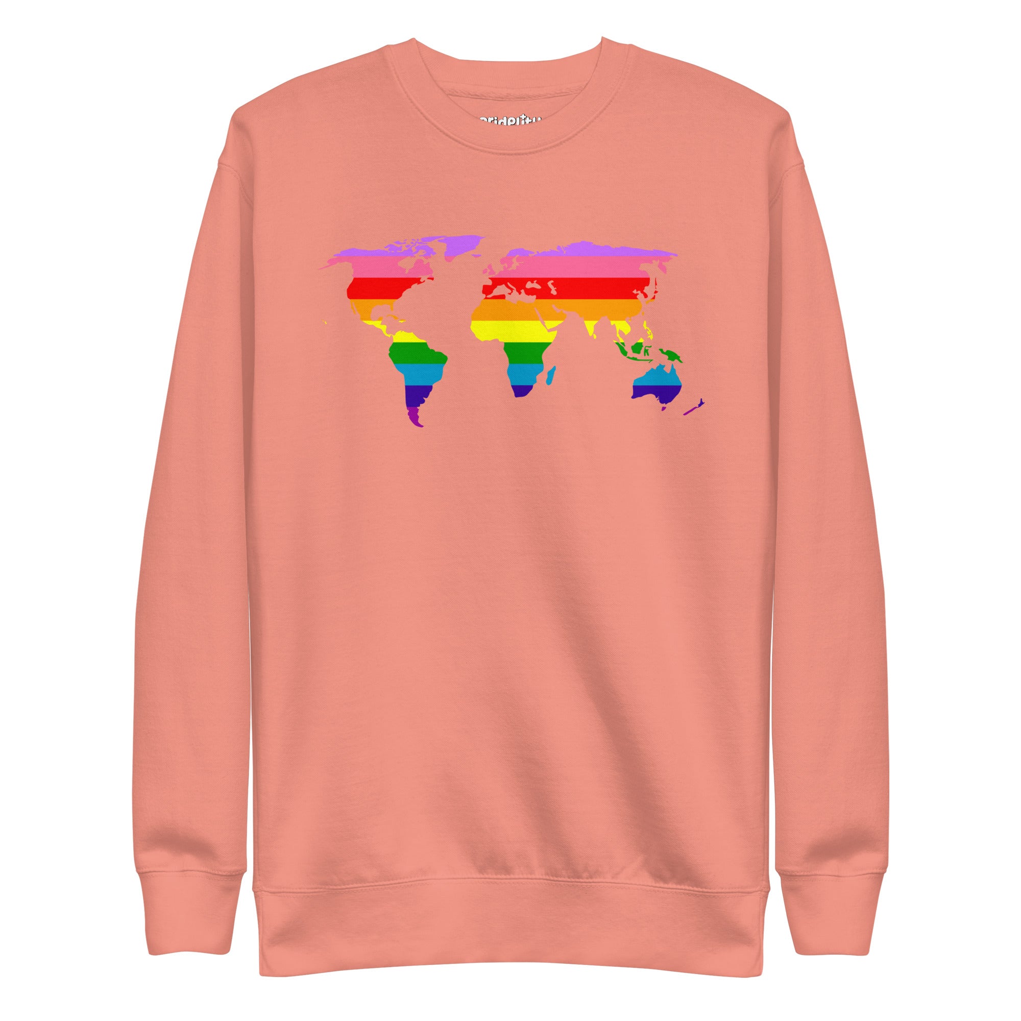 Introducing the World Pride Sweatshirt from Pridelity—a black sweatshirt that showcases a striking world map design in rainbow colors across the chest, celebrating LGBTQ+ pride.