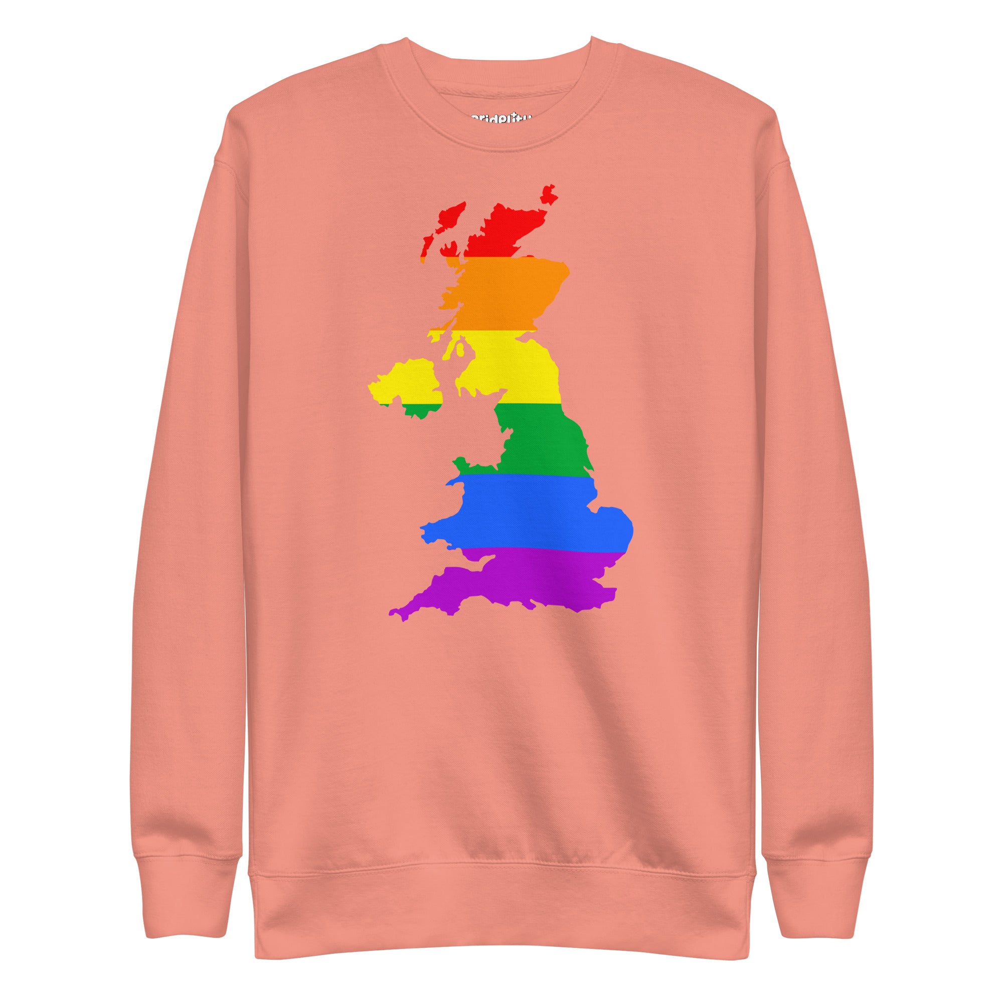 Introducing the British Isles Pride Sweatshirt from Pridelity's Pride Collection: a stylish black sweatshirt featuring an outline of Great Britain adorned with vibrant rainbow stripes in celebration of the LGBTQ+ pride flag.