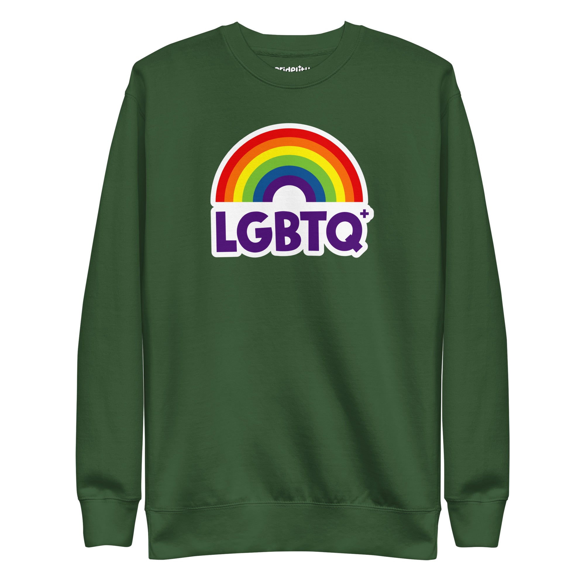 Introducing the Pridelity LGBTQ+ Sweatshirt in black, featuring a dynamic rainbow design with an arc and the word 