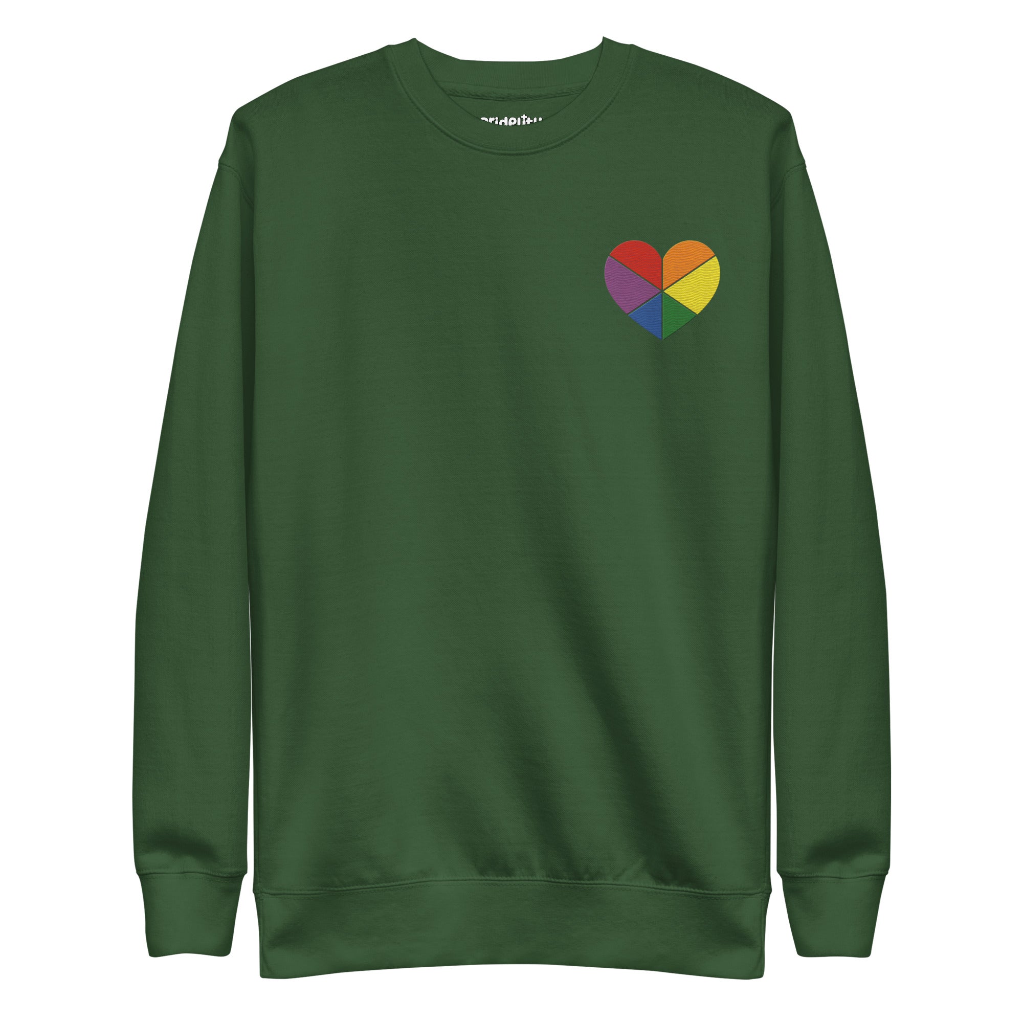 Introducing the Pride Heart Sweatshirt by Pridelity, a white sweatshirt from our pride collection. It showcases a small, multicolored heart graphic on the upper left chest. The heart is divided into sections with rainbow colors, making it an ideal staple for your pride outfit.