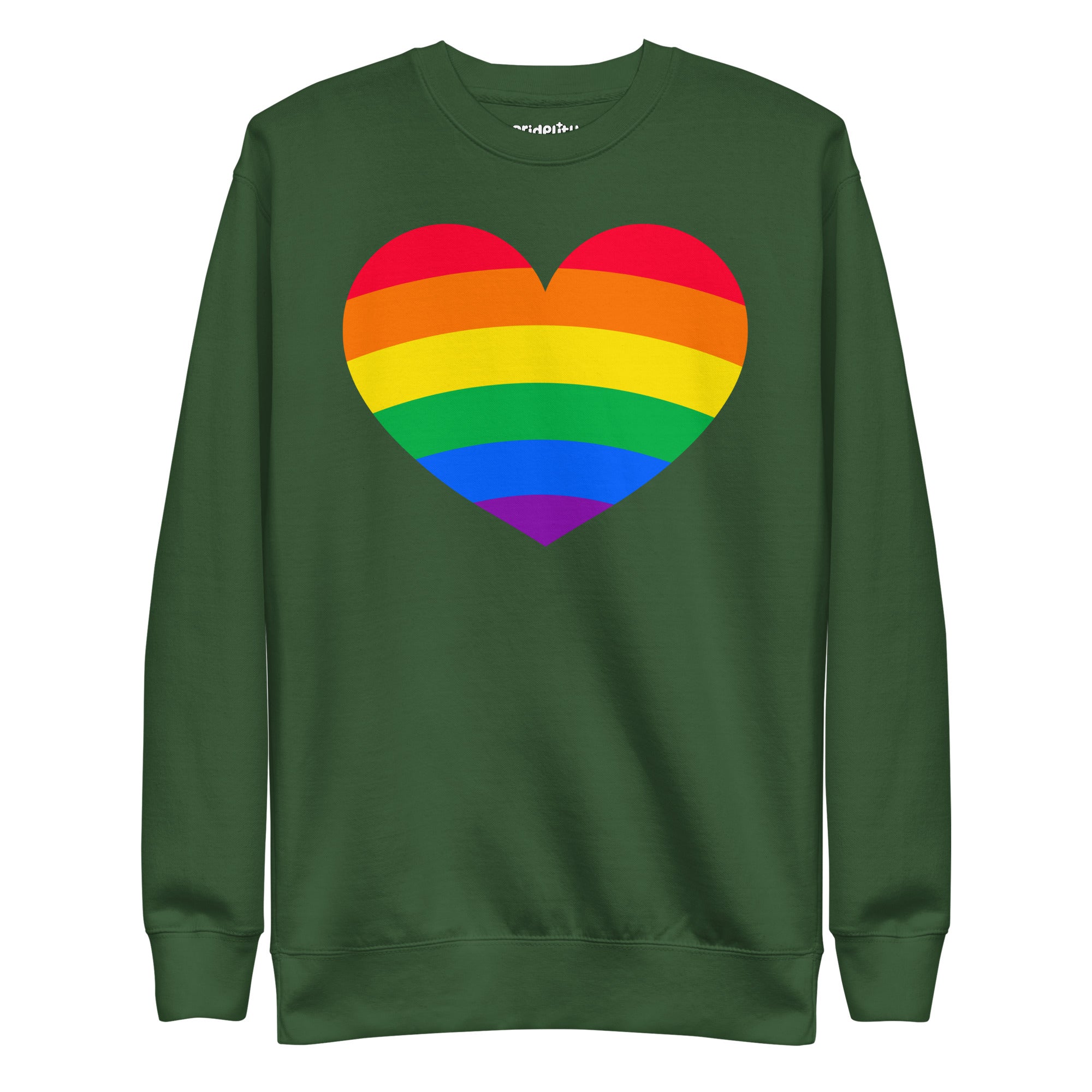 The Big Heart Sweatshirt by Pridelity from the Pride Collection showcases a large heart design with rainbow stripes, symbolizing LGBTQ+ pride. This vibrant heart design beautifully contrasts with the gray fabric background.