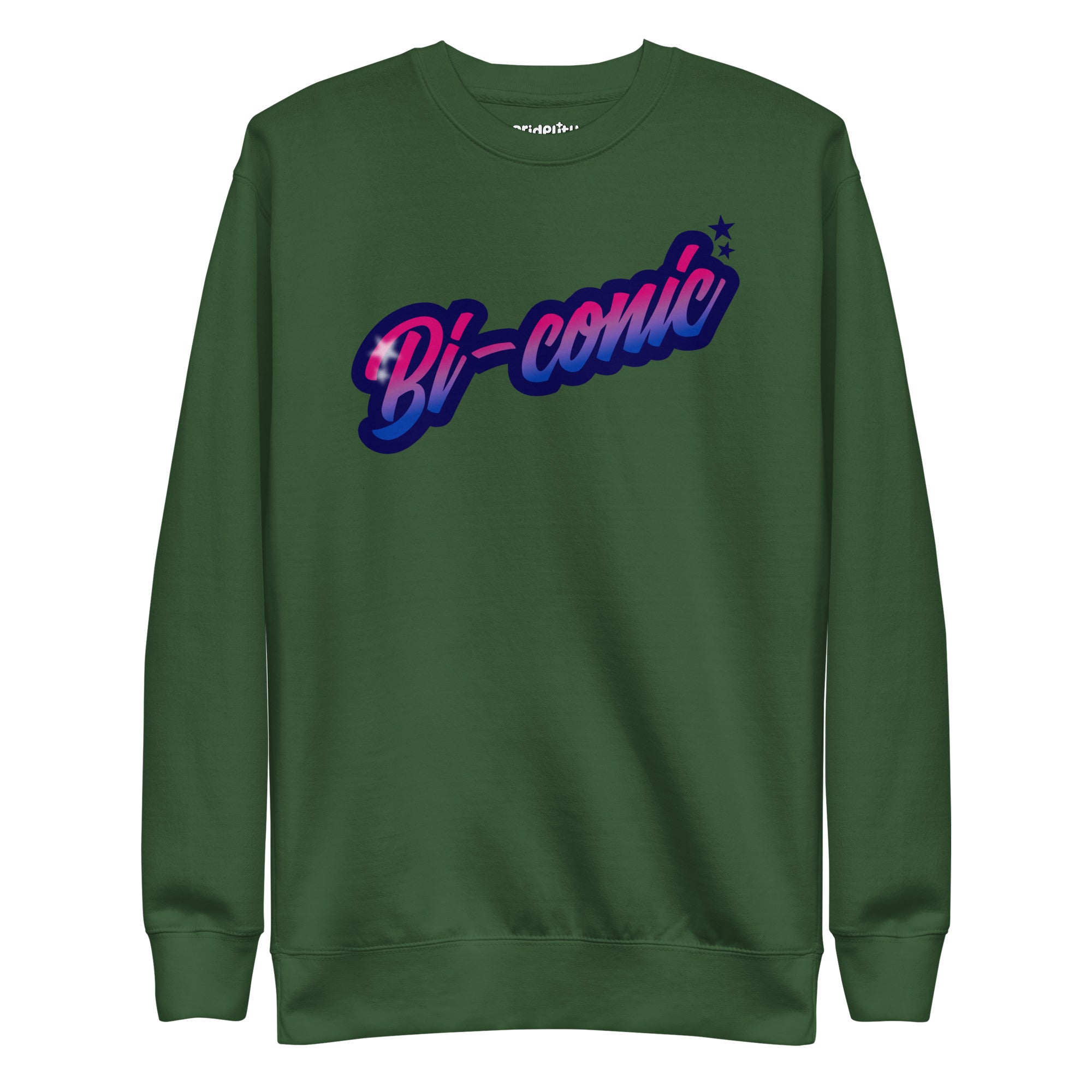 This exclusive Pride Merch piece, the Bi-Conic Sweatshirt by Pridelity, features a gray design with 