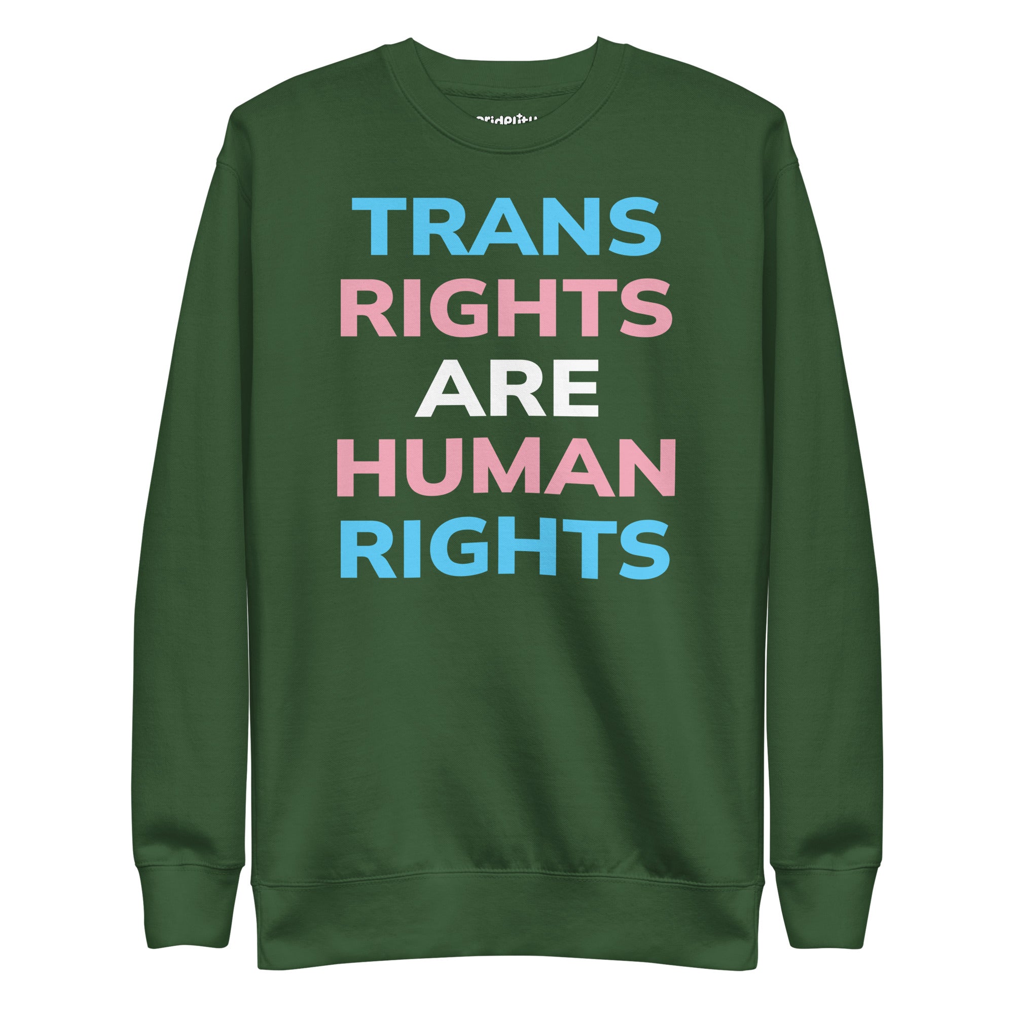 Introducing the Trans Rights Sweatshirt by Pridelity—a black sweatshirt prominently featuring the phrase 