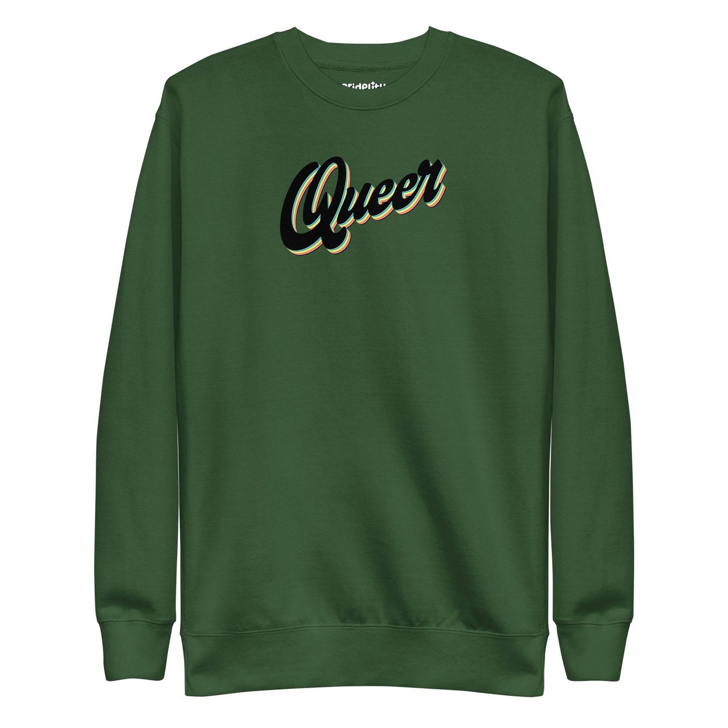 The Carbon Grey Queer Sweatshirt from Pridelity's pride collection showcases the word "Queer" in a stylized, cursive black font with white and yellow outlines across the chest.