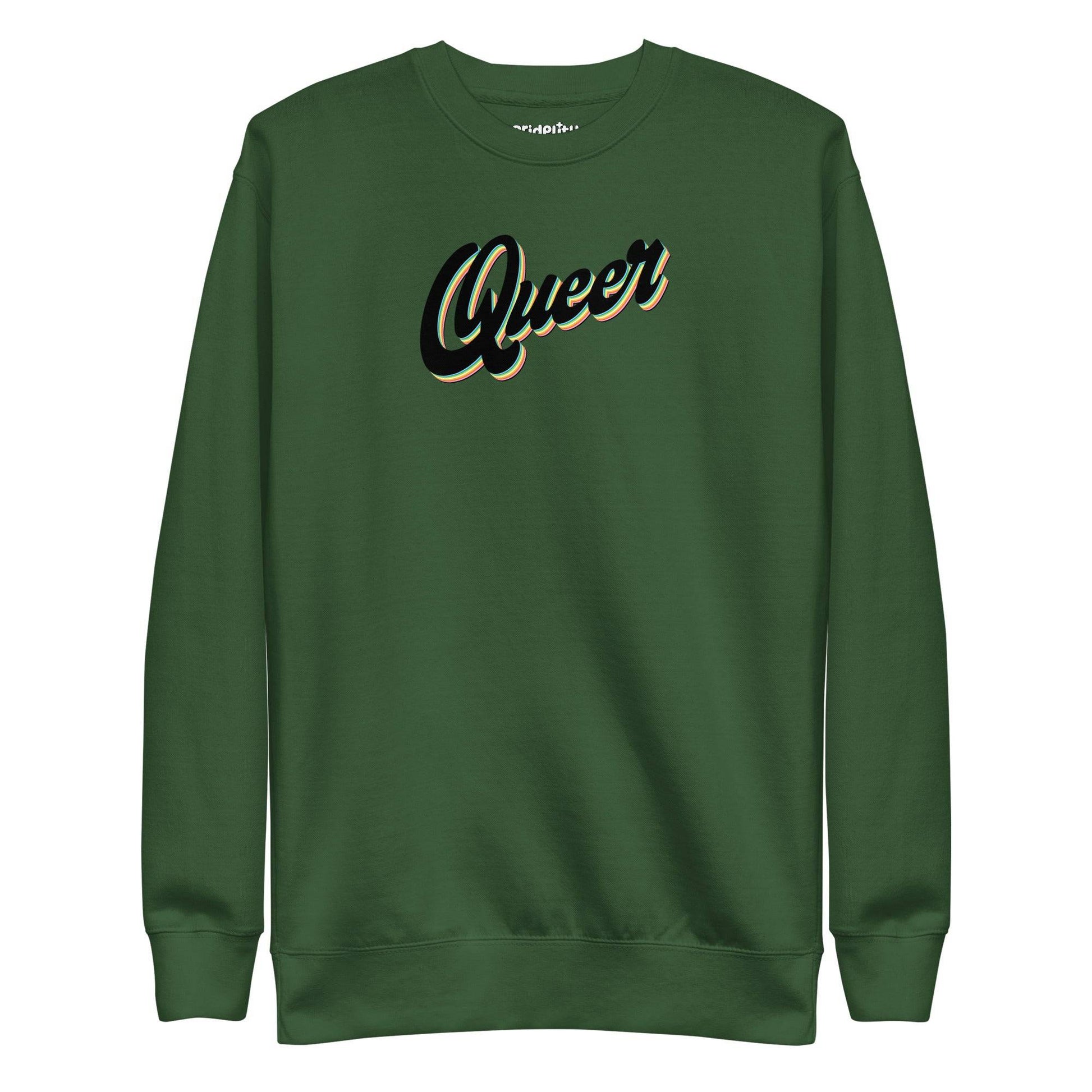 The Carbon Grey Queer Sweatshirt from Pridelity's pride collection showcases the word "Queer" in a stylized, cursive black font with white and yellow outlines across the chest.