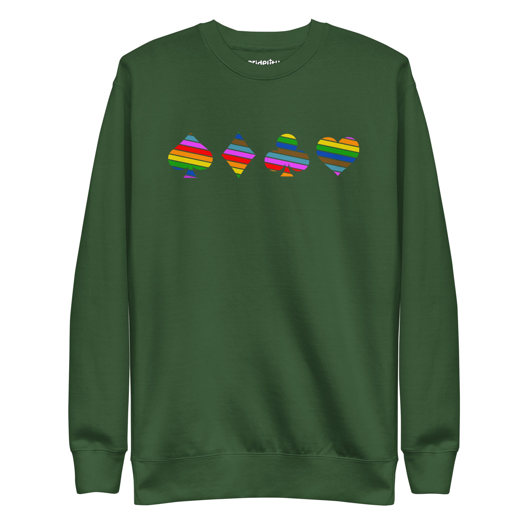 The white Deck Of Pride Sweatshirt by Pridelity showcases vibrant, rainbow-colored playing card suit symbols—spade, diamond, club, and heart—across the chest. This lively piece is a perfect addition to any Pride Collection, celebrating love and diversity with each wear.