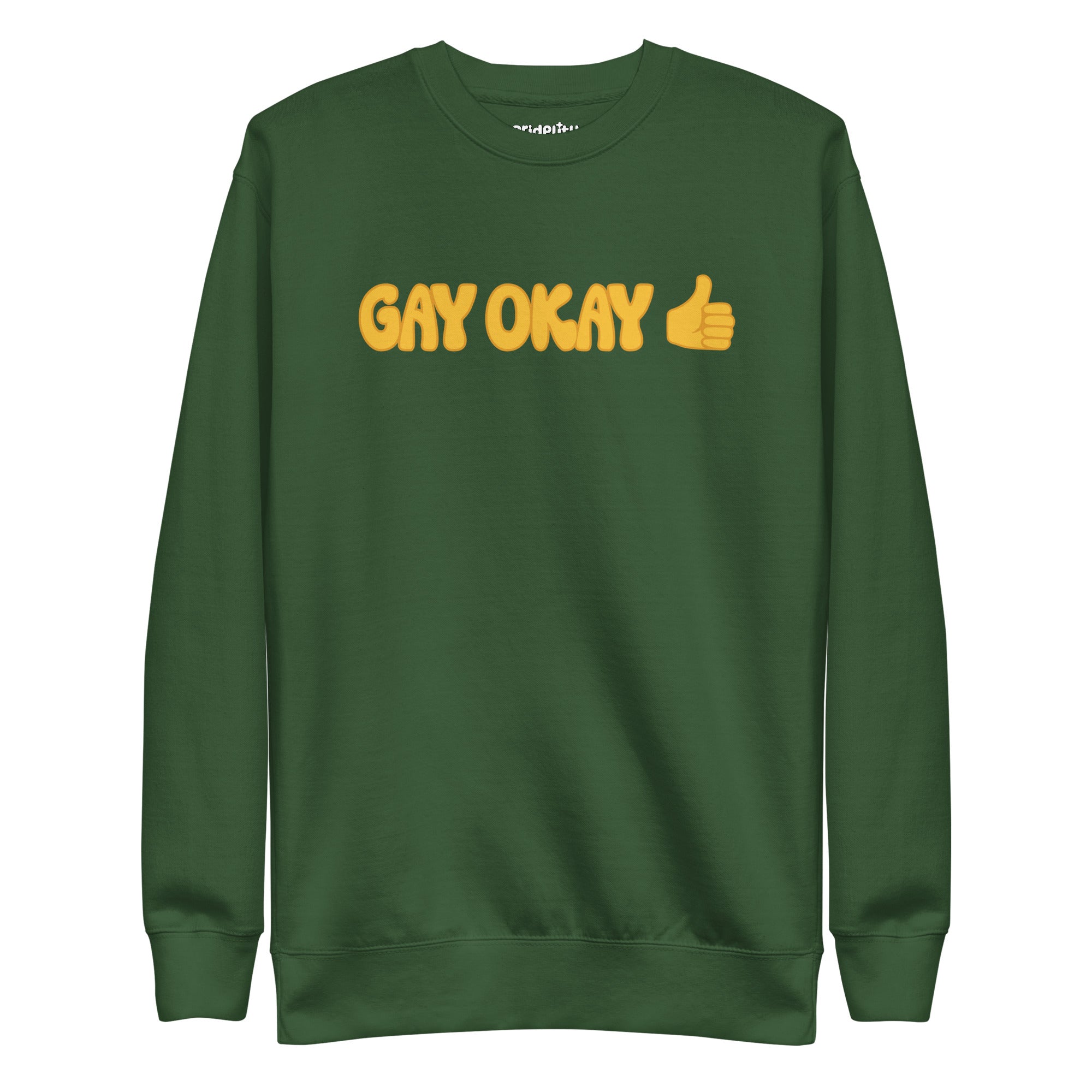 The Pridelity Gay Okay Sweatshirt is a black top adorned with the words 