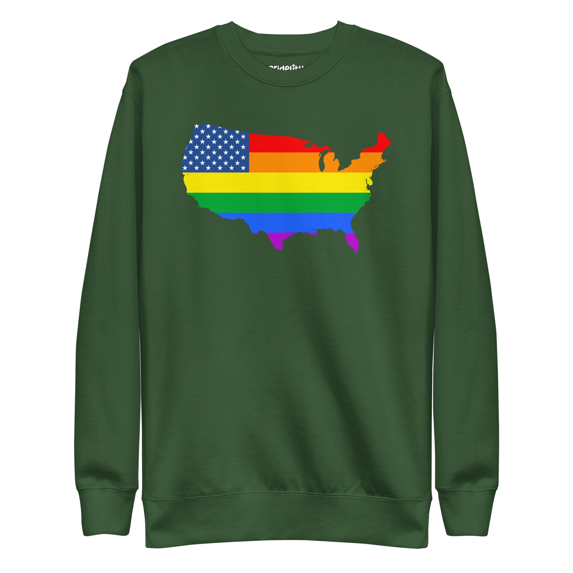 Introducing the US Map Pride Sweatshirt from Pridelity: a stylish black sweatshirt featuring a vibrant rainbow flag design overlaid on a graphic of the United States map. The top left corner highlights blue and white stars, reminiscent of the American flag, making it an ideal choice for anyone seeking fashionable pride apparel.