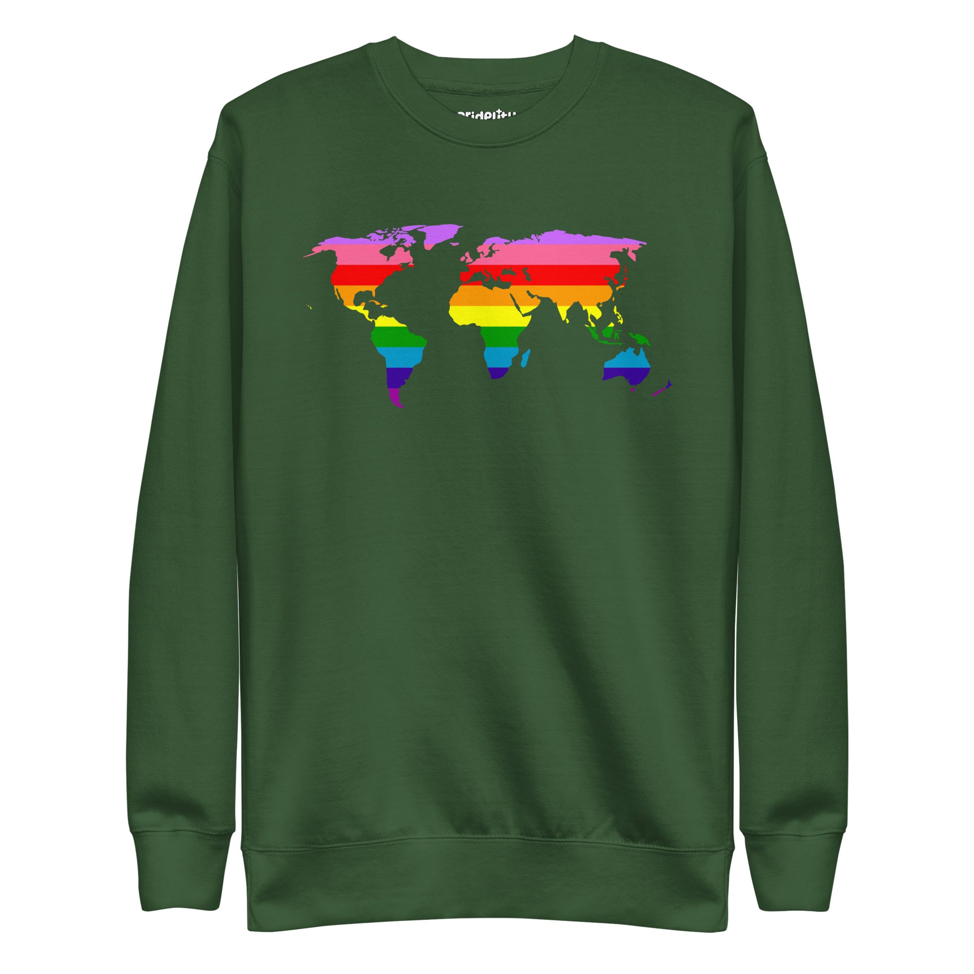 Introducing the World Pride Sweatshirt from Pridelity—a black sweatshirt that showcases a striking world map design in rainbow colors across the chest, celebrating LGBTQ+ pride.