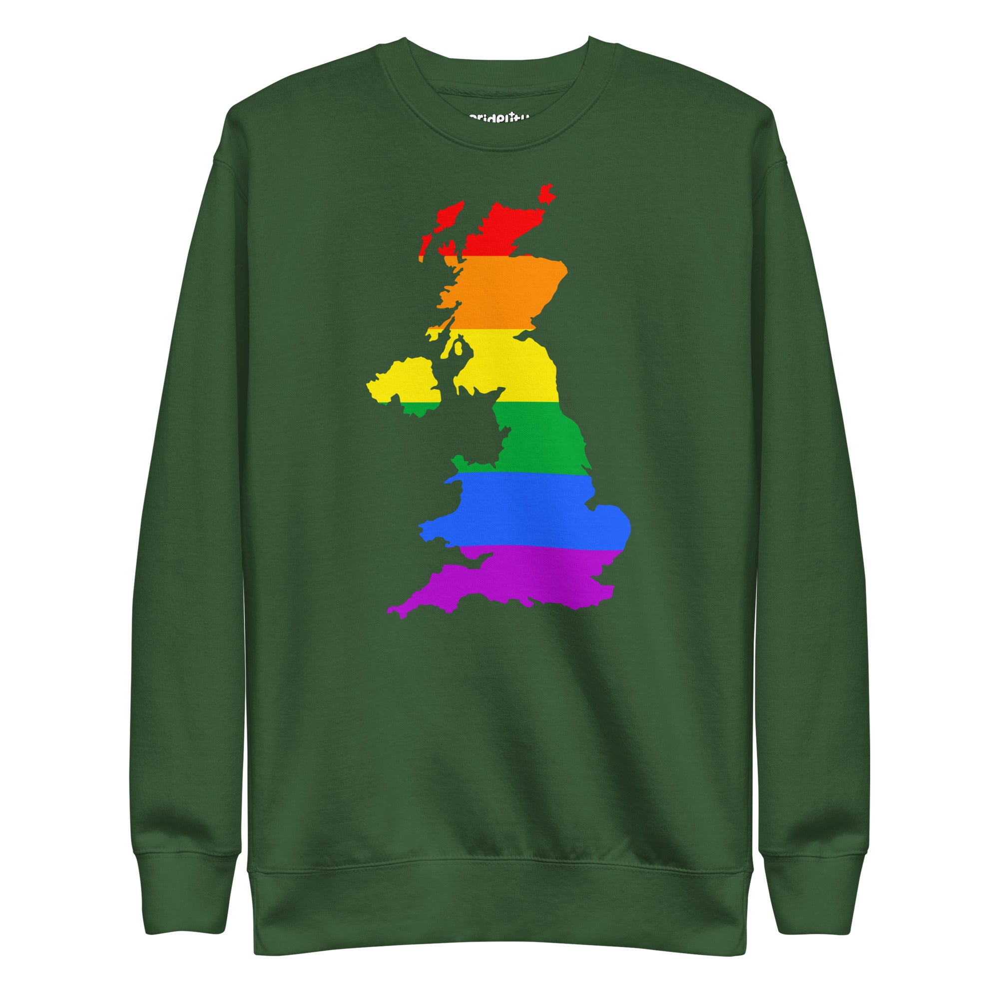 Introducing the British Isles Pride Sweatshirt from Pridelity's Pride Collection: a stylish black sweatshirt featuring an outline of Great Britain adorned with vibrant rainbow stripes in celebration of the LGBTQ+ pride flag.