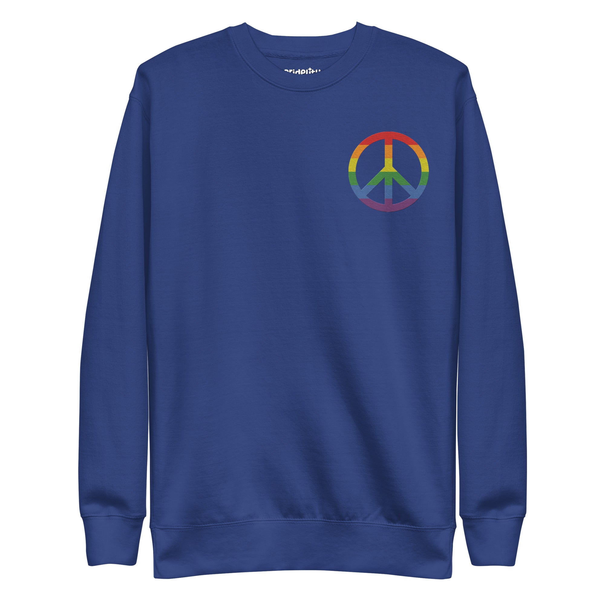 The Pridelity Peace Sweatshirt, a black piece from our pride collection, showcases a small, multicolored peace symbol on the upper left side. The rainbow colors embody diversity and peace. This essential pride garment is displayed flat against a white background.