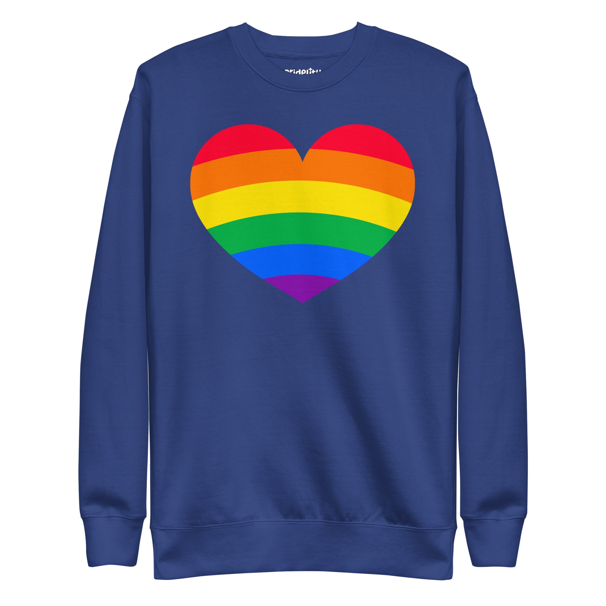 The Big Heart Sweatshirt by Pridelity from the Pride Collection showcases a large heart design with rainbow stripes, symbolizing LGBTQ+ pride. This vibrant heart design beautifully contrasts with the gray fabric background.