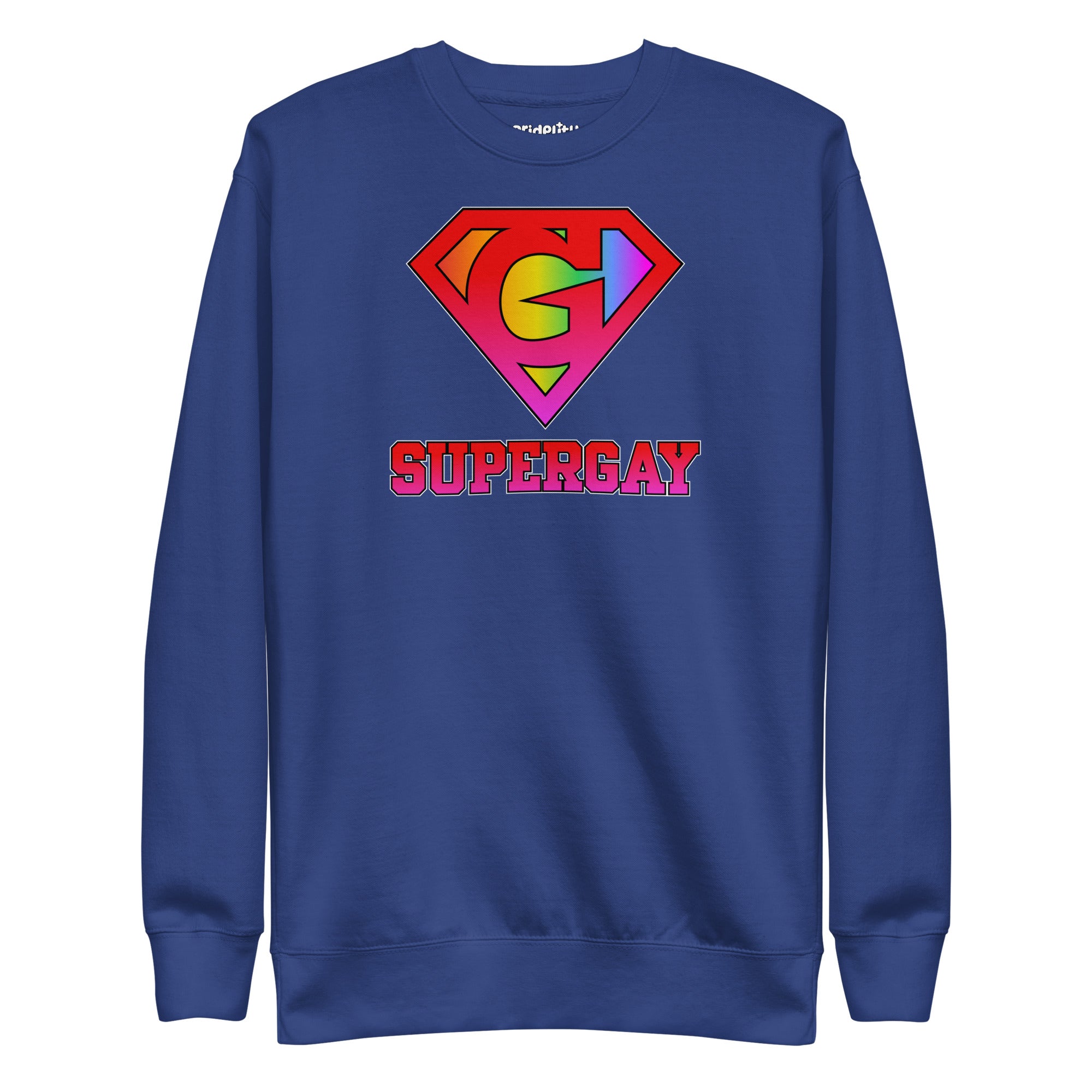 Introducing the Supergay Sweatshirt from Pridelity: a dusty rose sweatshirt featuring a stylized rainbow 