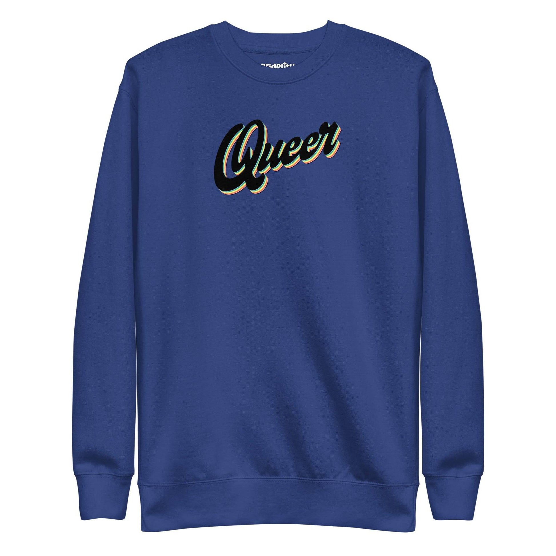 The Carbon Grey Queer Sweatshirt from Pridelity's pride collection showcases the word "Queer" in a stylized, cursive black font with white and yellow outlines across the chest.