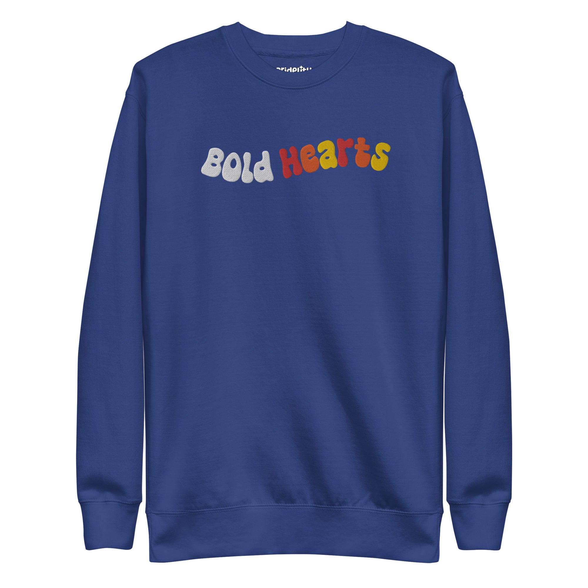 A black Bold Hearts Sweatshirt by Pridelity, featuring colorful, playful letters across the chest, is perfect for celebrating Pride with style.