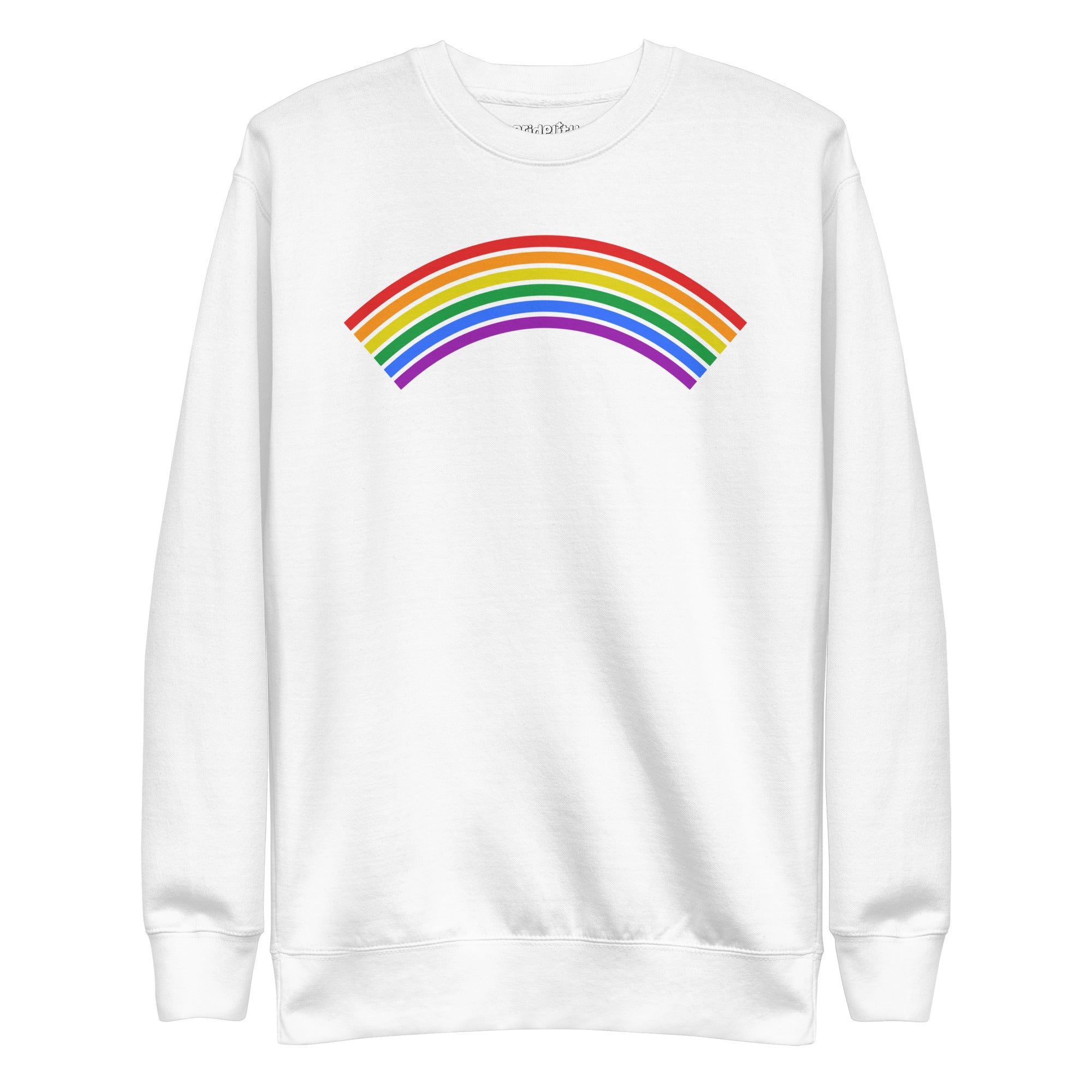 Black Rainbow Sweatshirt by Pridelity from the pride collection, showcasing a vibrant rainbow graphic on the front with red, orange, yellow, green, blue, and purple stripes.