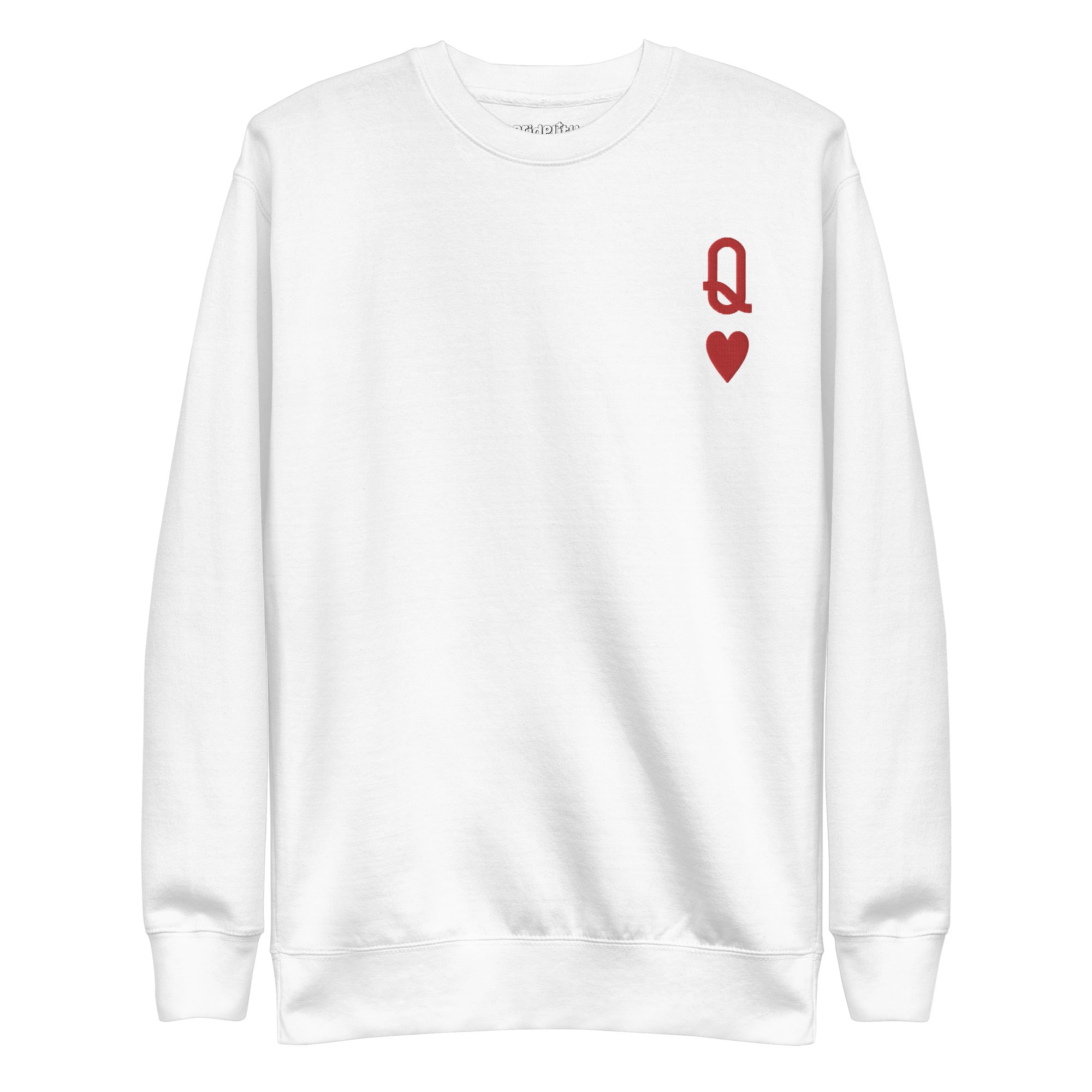 Introducing the Queen of Hearts Sweatshirt by Pridelity: This black sweatshirt is part of our pride collection and showcases a small red Queen of Hearts symbol on the upper left chest. The design, featuring a 