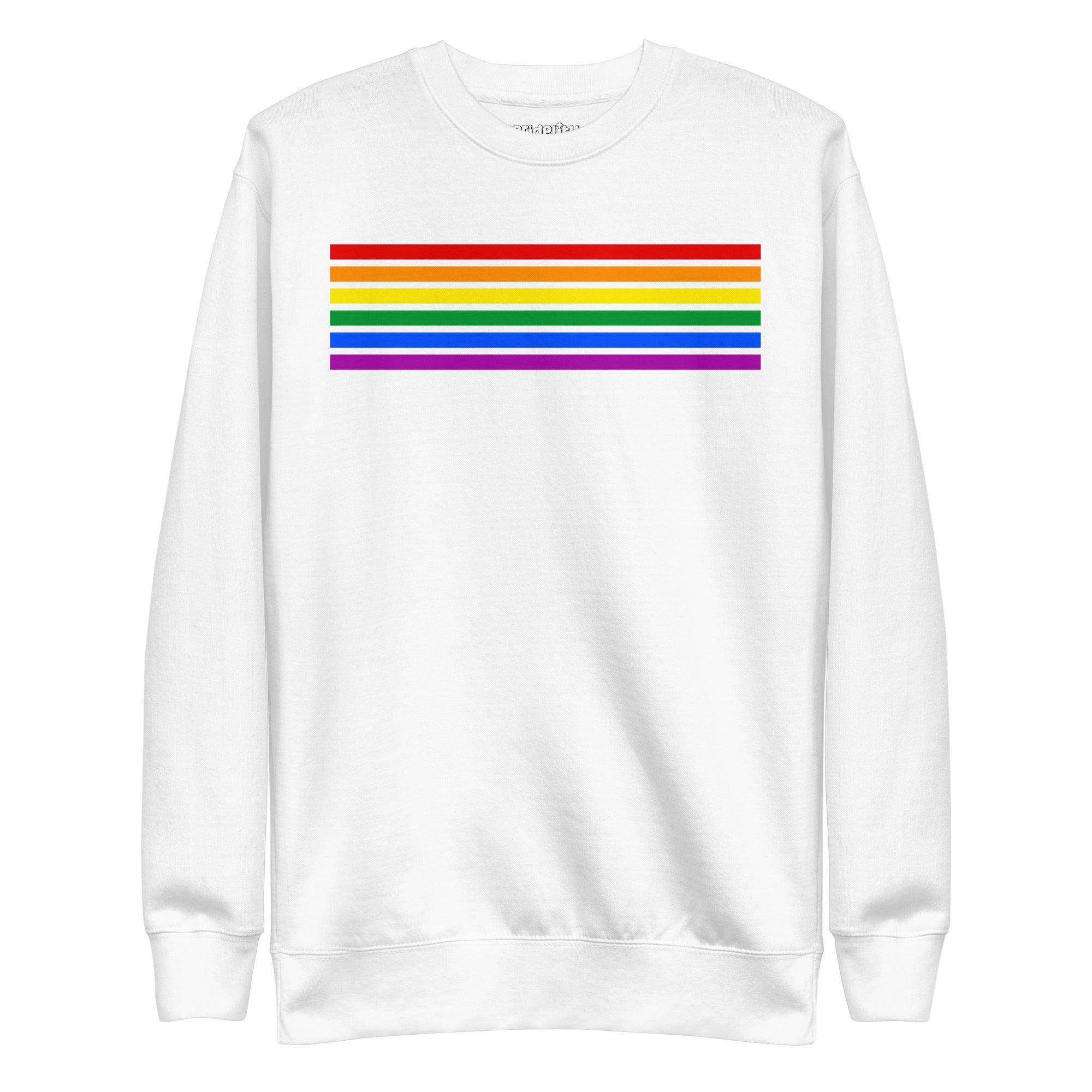 Carbon Grey Rainbow Stripes Sweatshirt by Pridelity, featuring vibrant horizontal stripes in red, orange, yellow, green, blue, and purple across the chest—a standout piece from our pride collection.