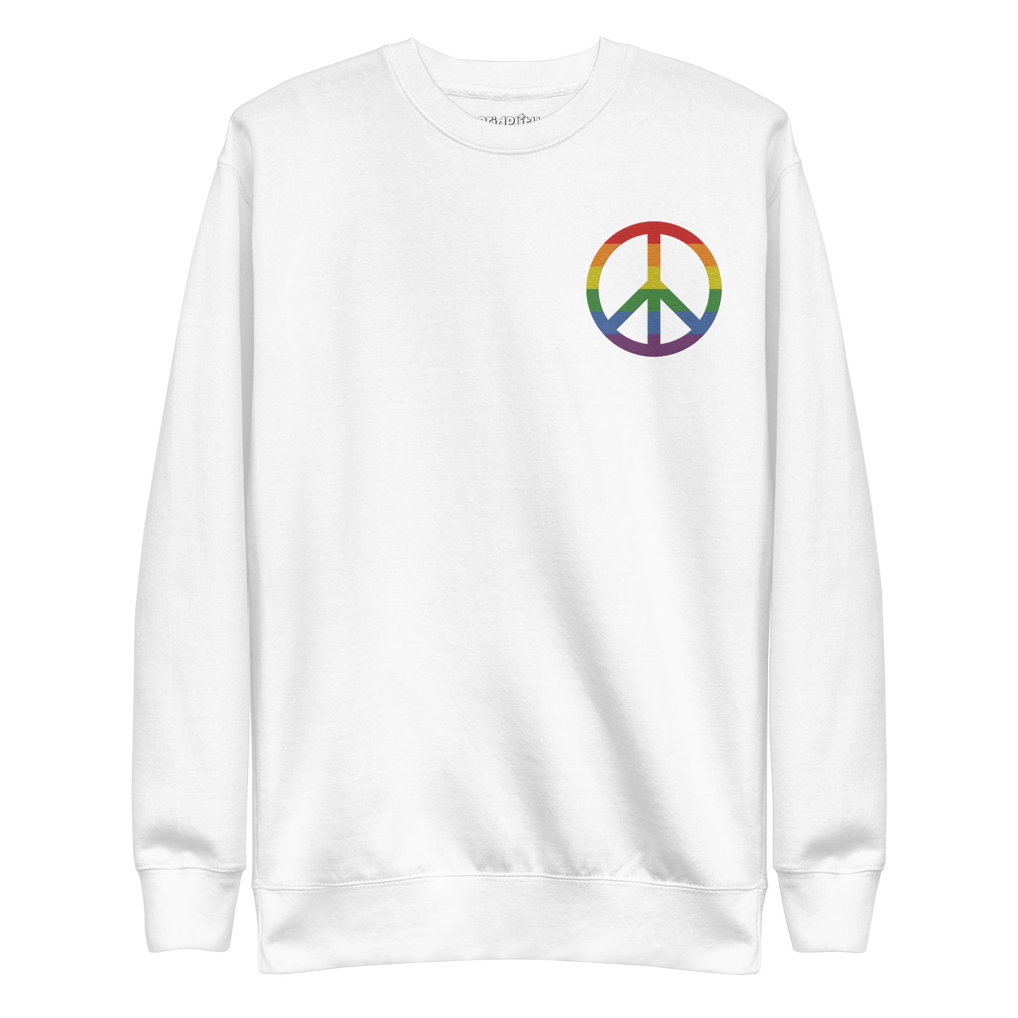 The Pridelity Peace Sweatshirt, a black piece from our pride collection, showcases a small, multicolored peace symbol on the upper left side. The rainbow colors embody diversity and peace. This essential pride garment is displayed flat against a white background.